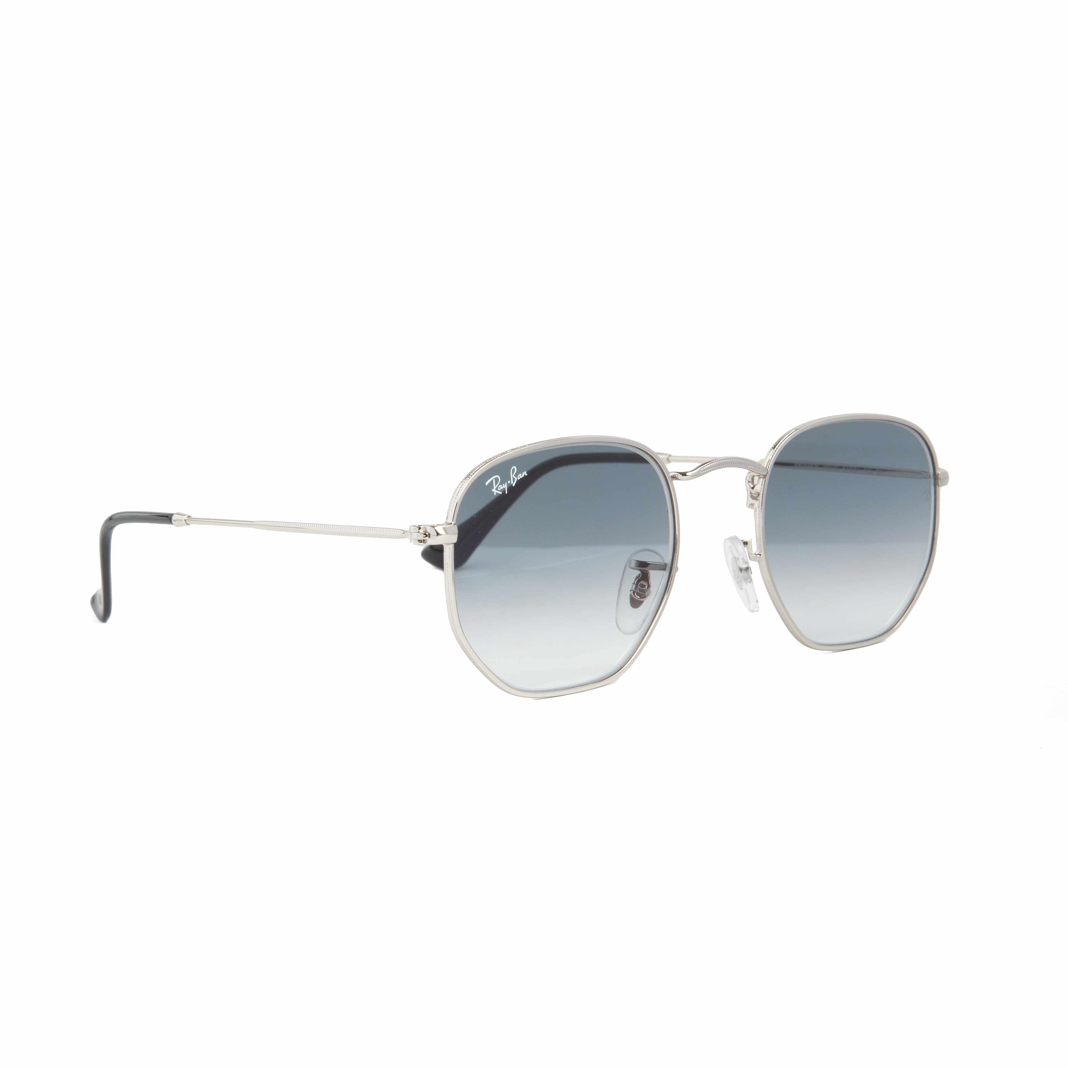 Ray-Ban Hexagonal  Sunglasses with Silver Frame and Blue-Grey Gradient Lenses, Modern Geometric Unisex Design.