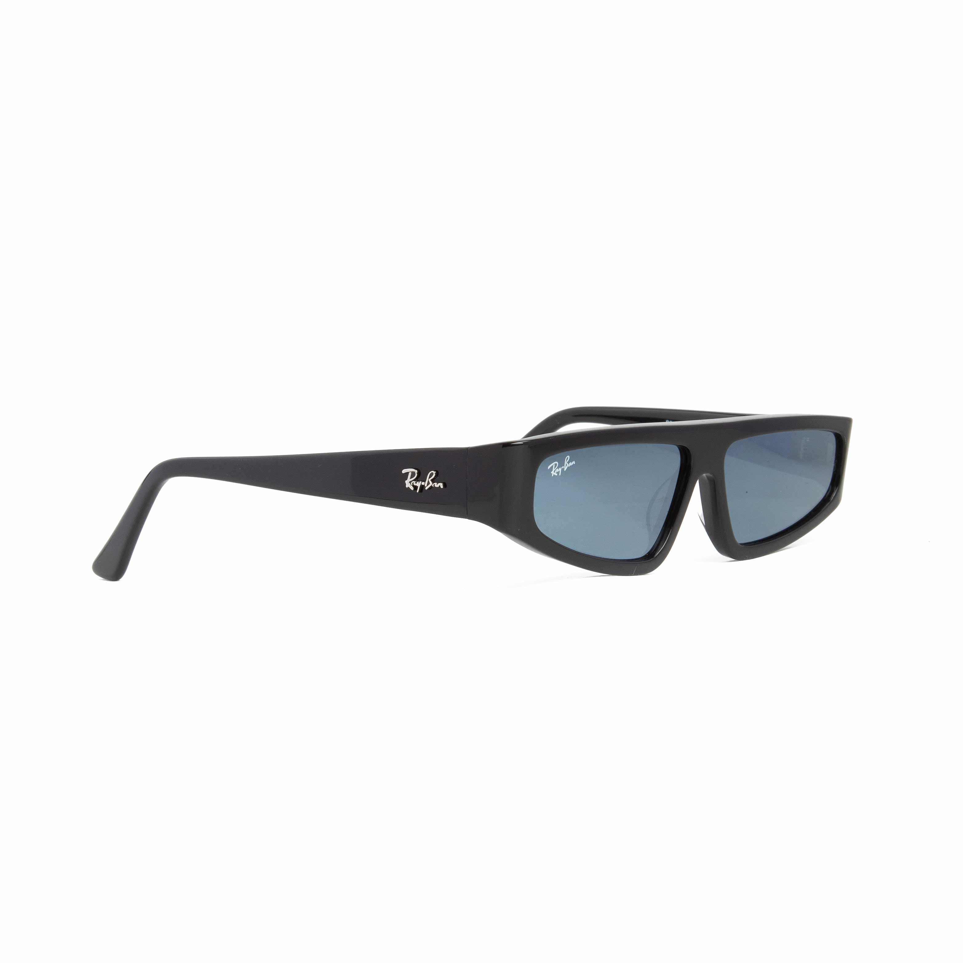 Ray-Ban black rectangle wrap sunglasses with blue lenses