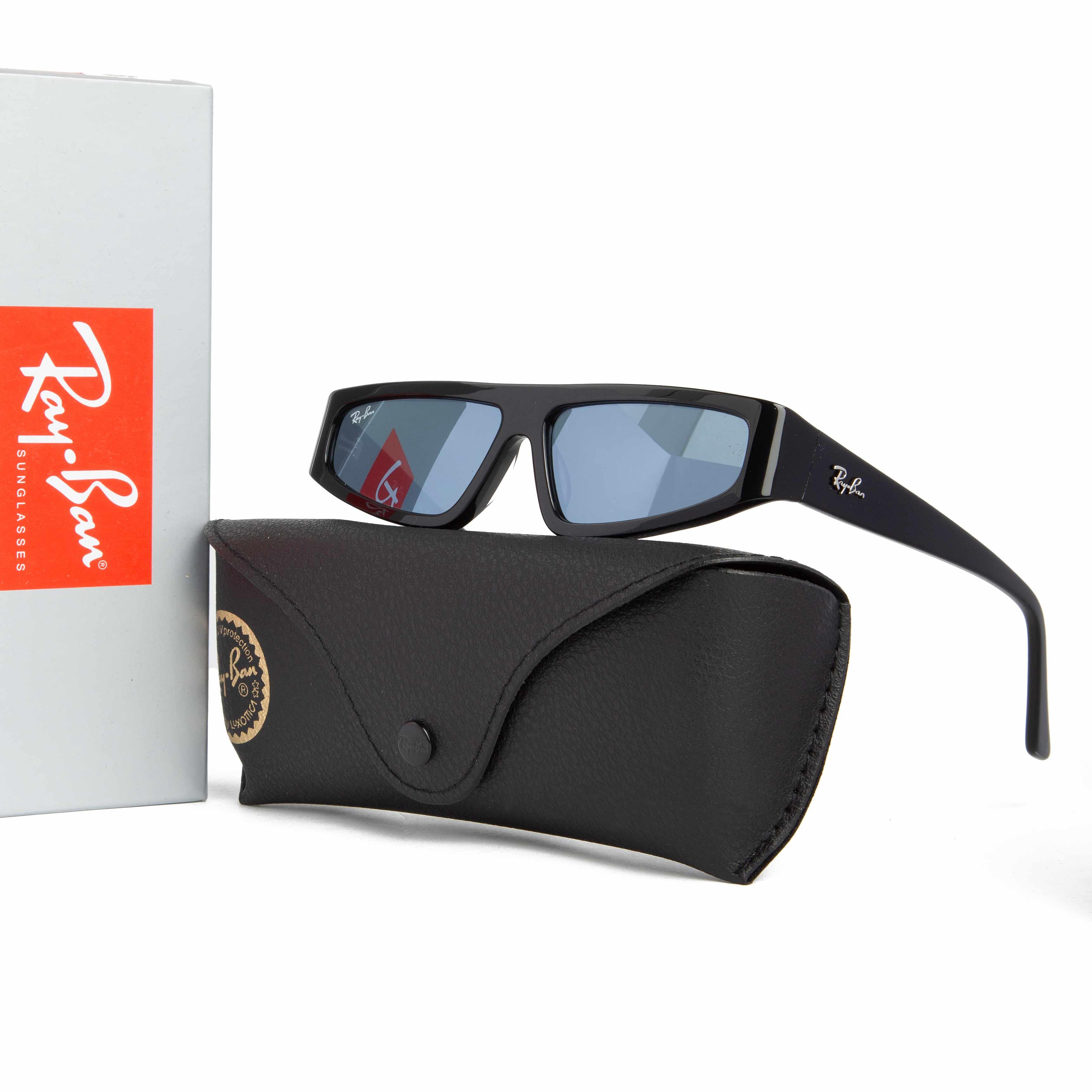Ray-Ban black rectangle wrap sunglasses with blue lenses