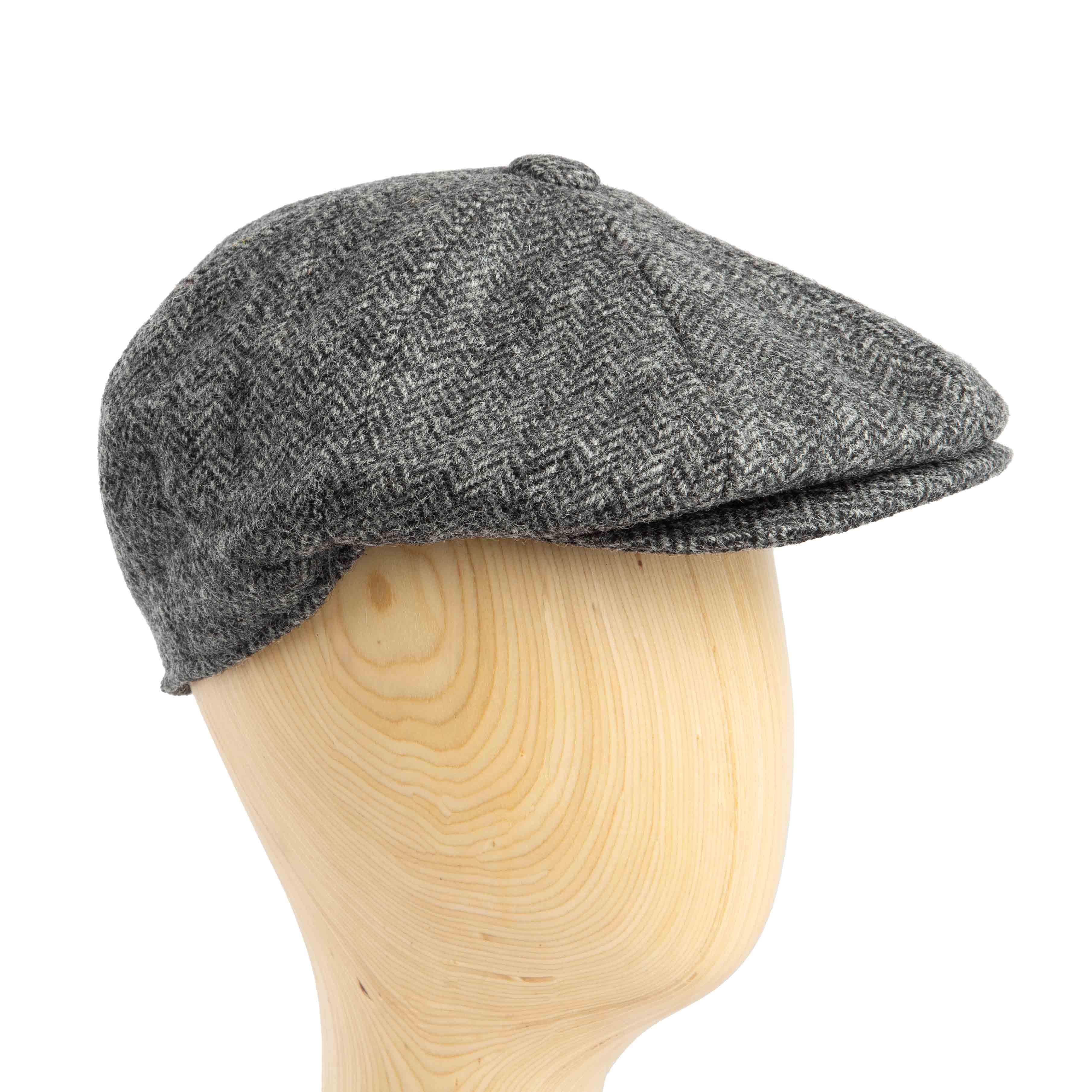 Grey Harris Tweed Shelby Cap with herringbone pattern for men and women