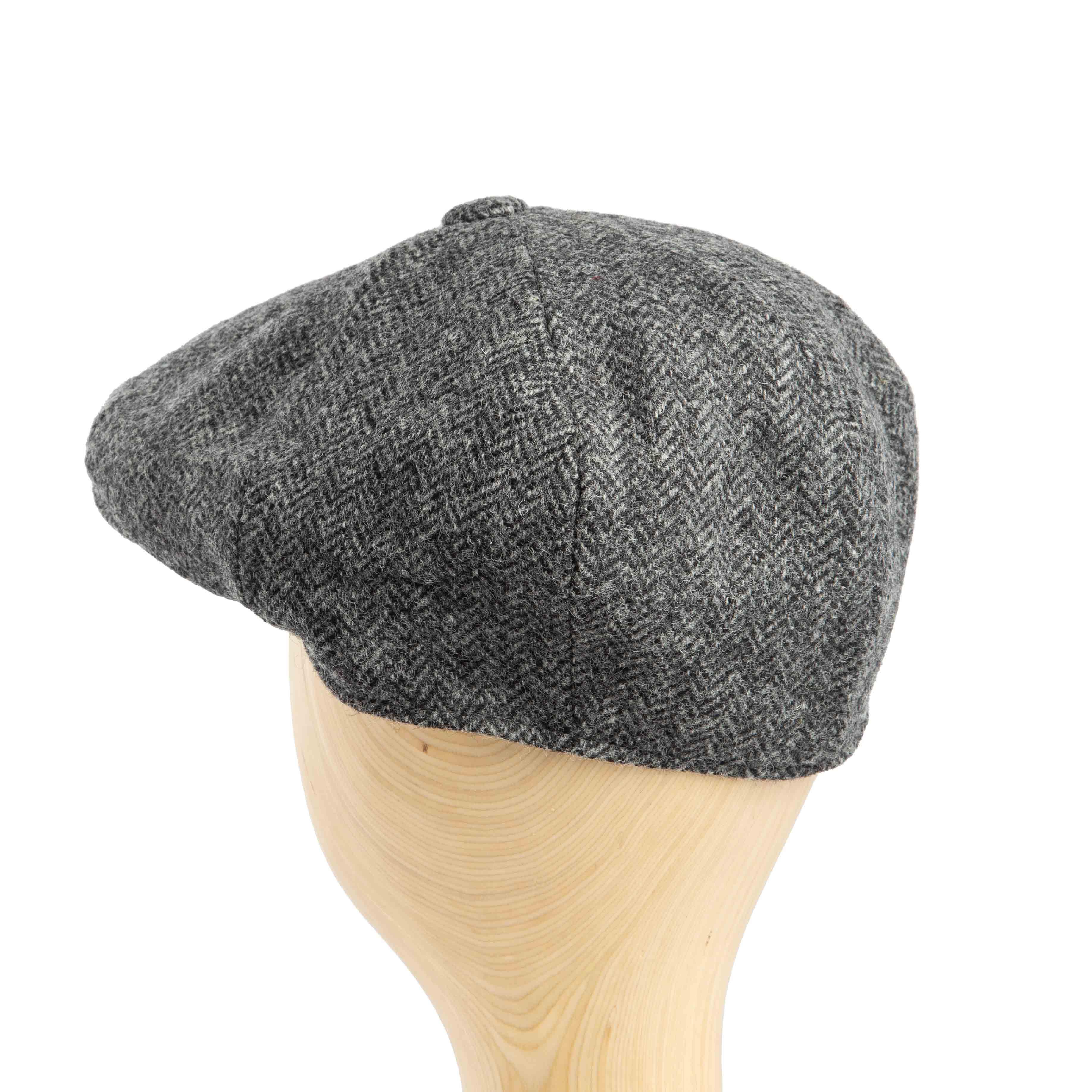Grey Harris Tweed Shelby Cap with herringbone pattern for men and women"