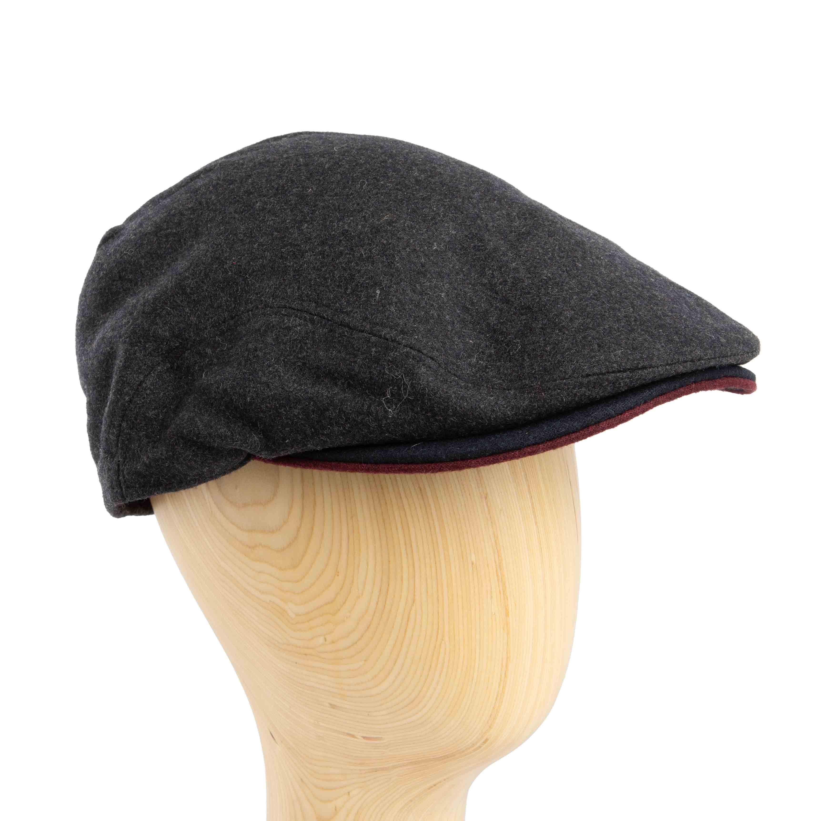 Charcoal Grey Wool Blend Flat Cap with red accent, classic ivy cap style for men and women