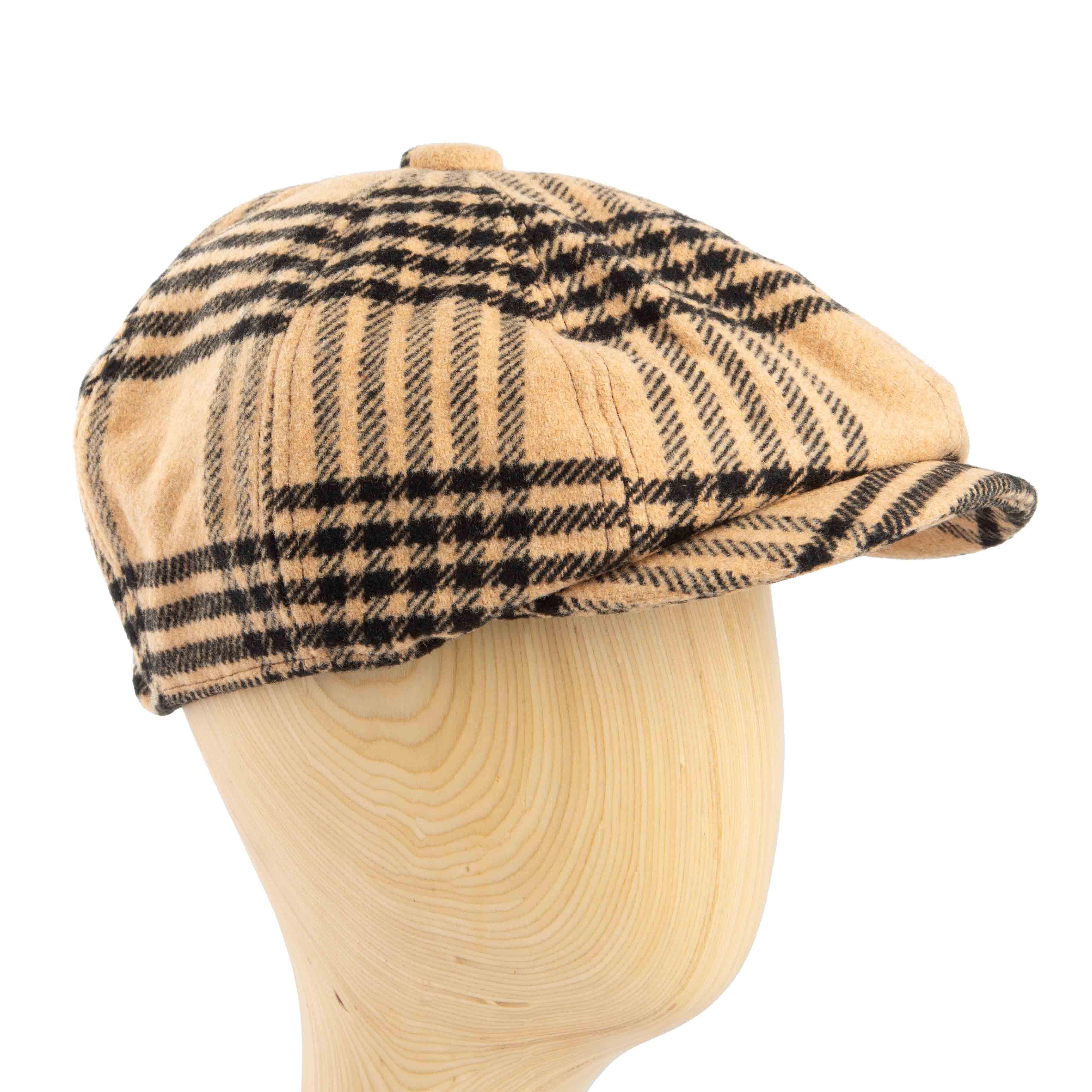 Stylish tan and black plaid newsboy cap for men, ideal for adding a vintage touch.