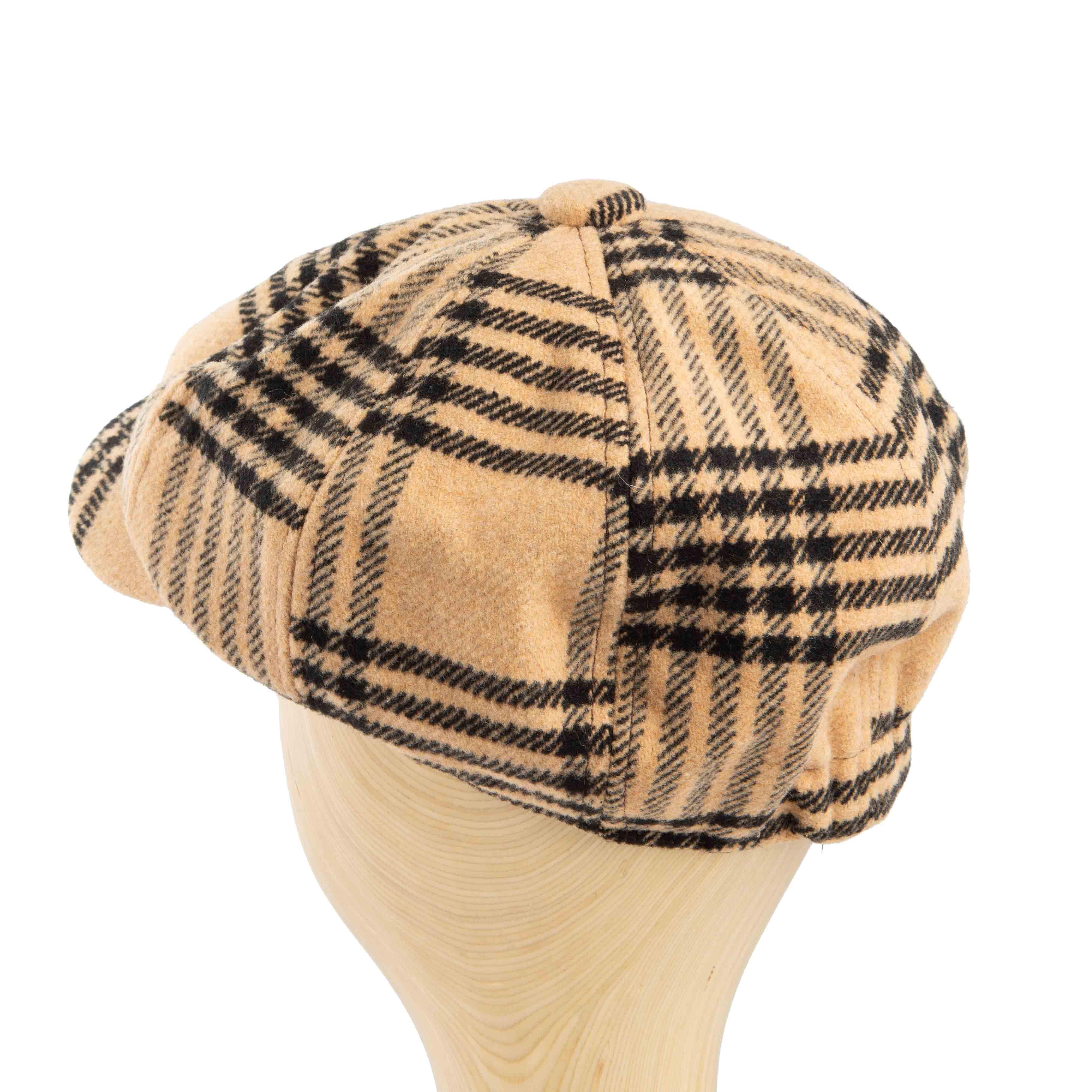 Stylish tan and black plaid newsboy cap for men, ideal for adding a vintage touch.