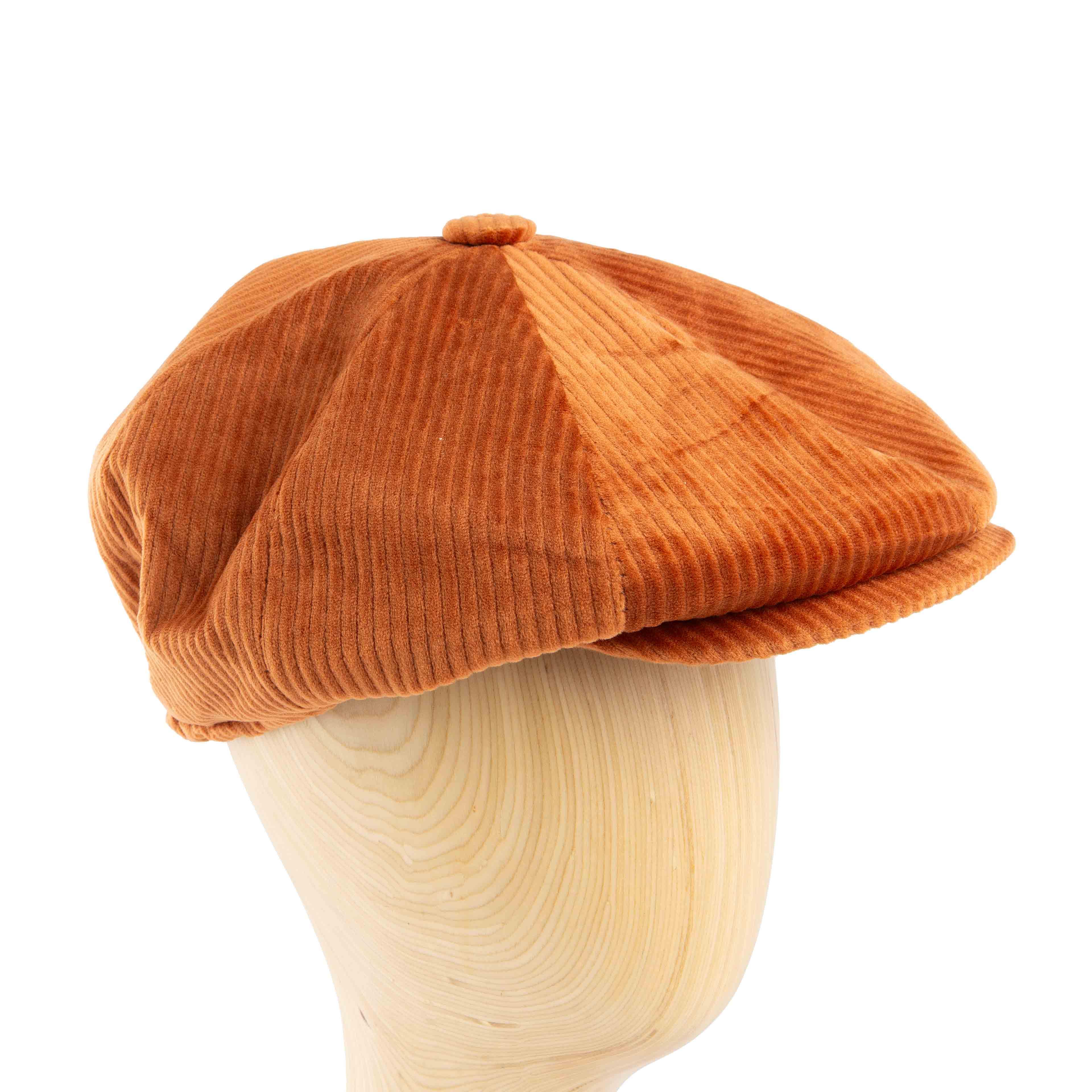 Burnt orange corduroy newsboy cap, unisex classic style, ribbed texture, vintage fashion accessory