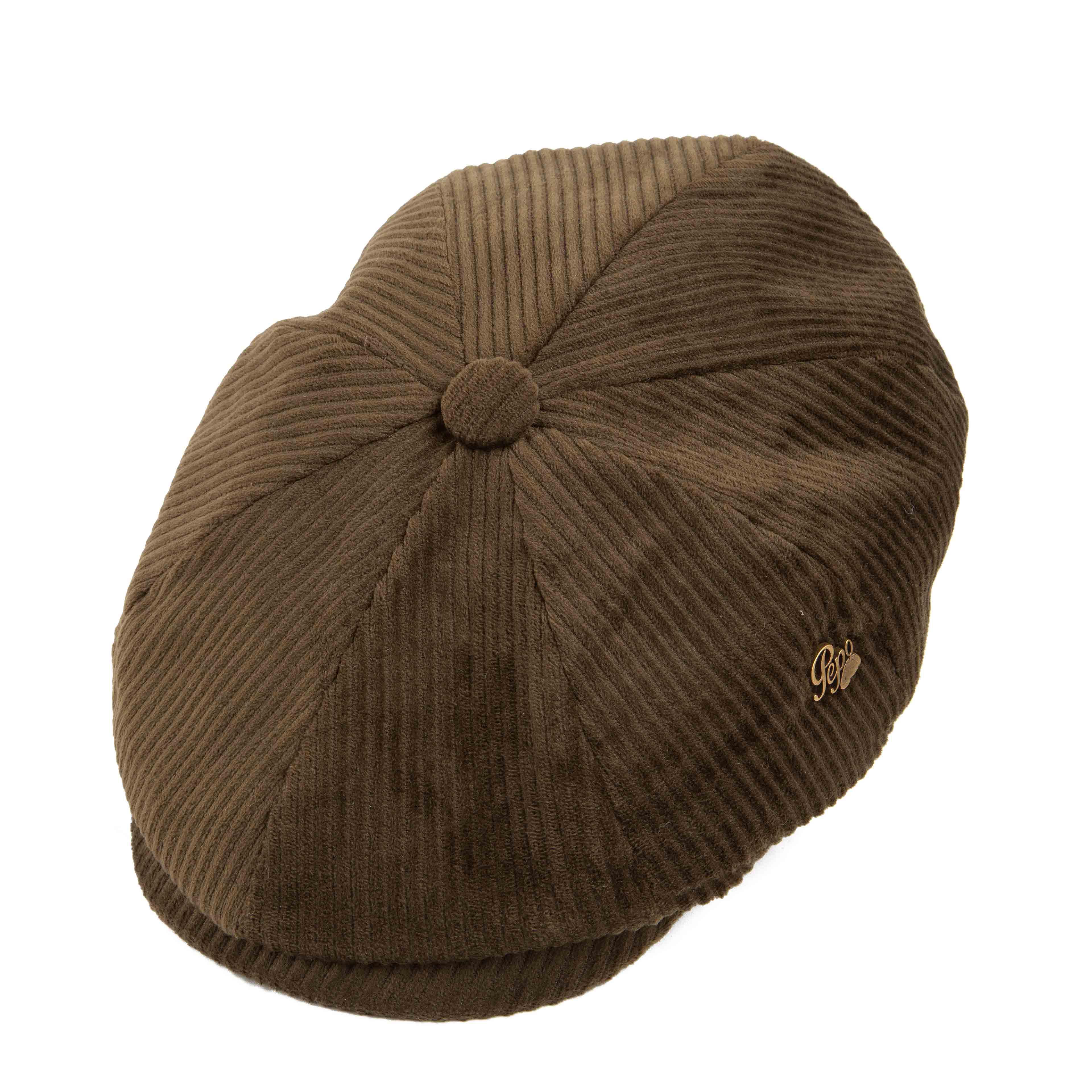 Brown corduroy newsboy cap, classic unisex style, ribbed texture, vintage fashion accessory