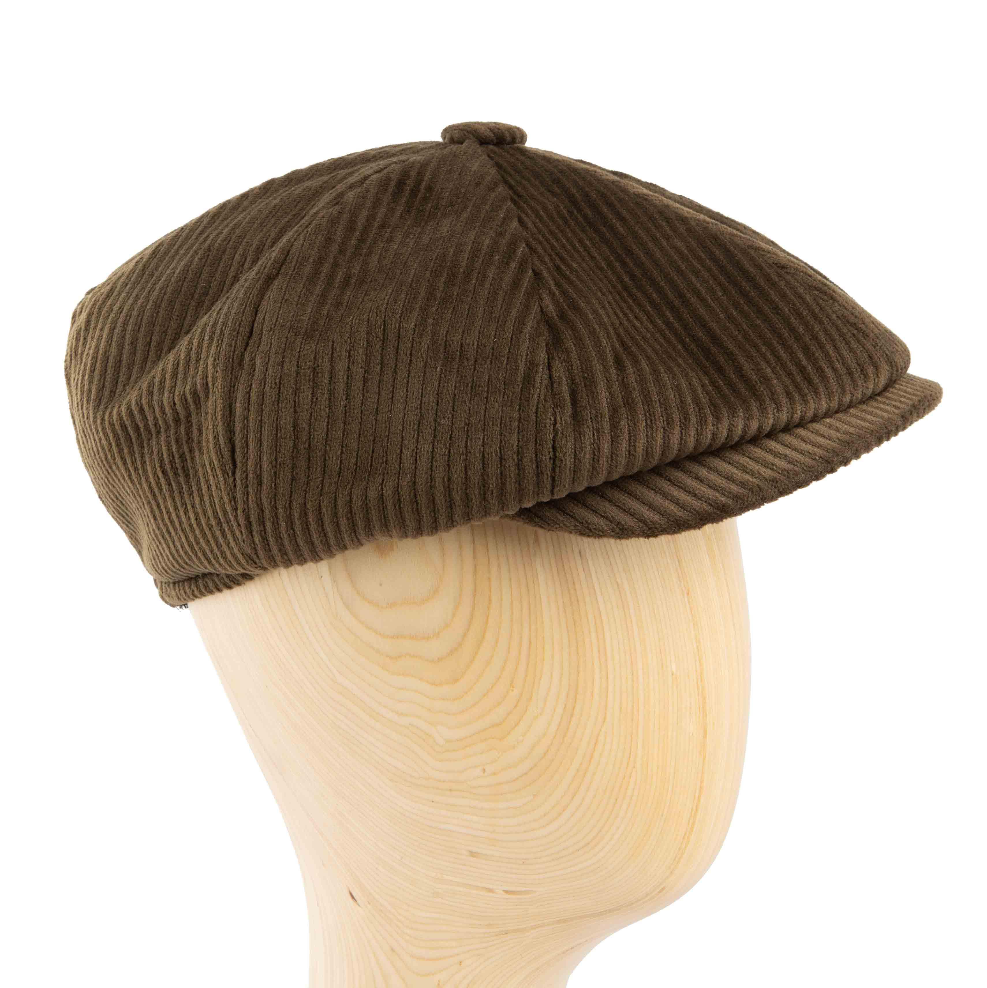 Brown corduroy newsboy cap, classic unisex style, ribbed texture, vintage fashion accessory