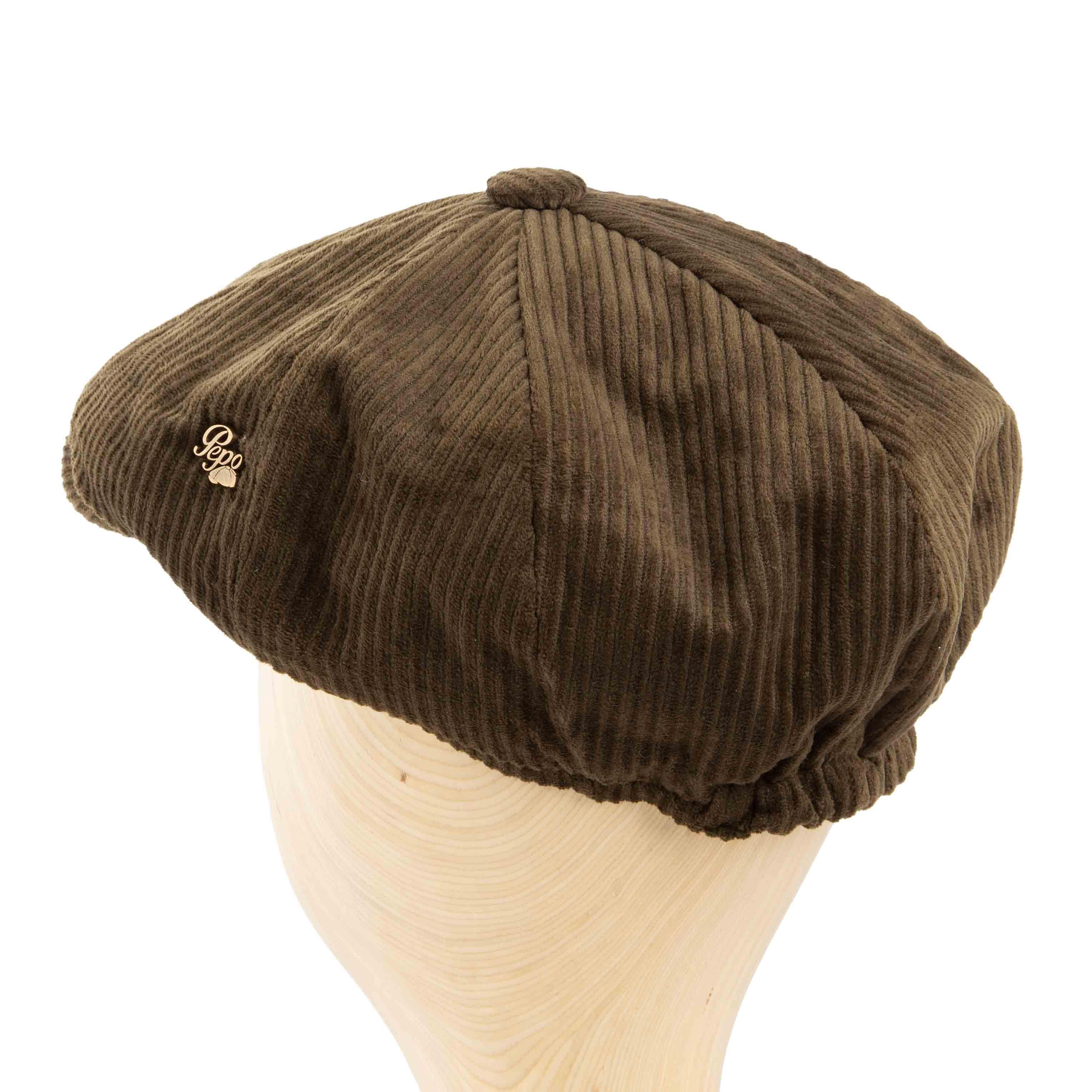 Brown corduroy newsboy cap, classic unisex style, ribbed texture, vintage fashion accessory