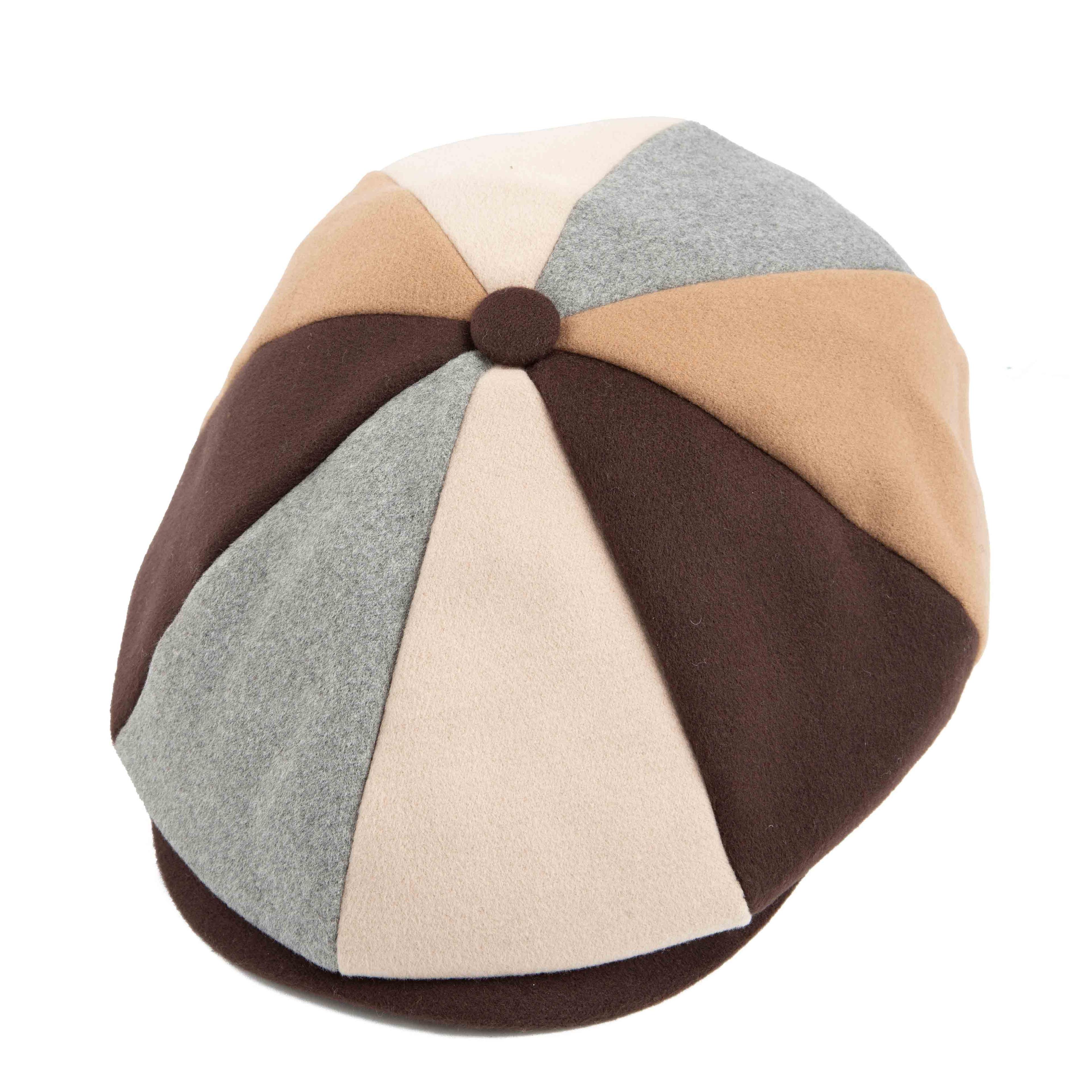 Multi-color panel newsboy cap, unisex patchwork design, brown beige grey cream, unique fashion accessory"