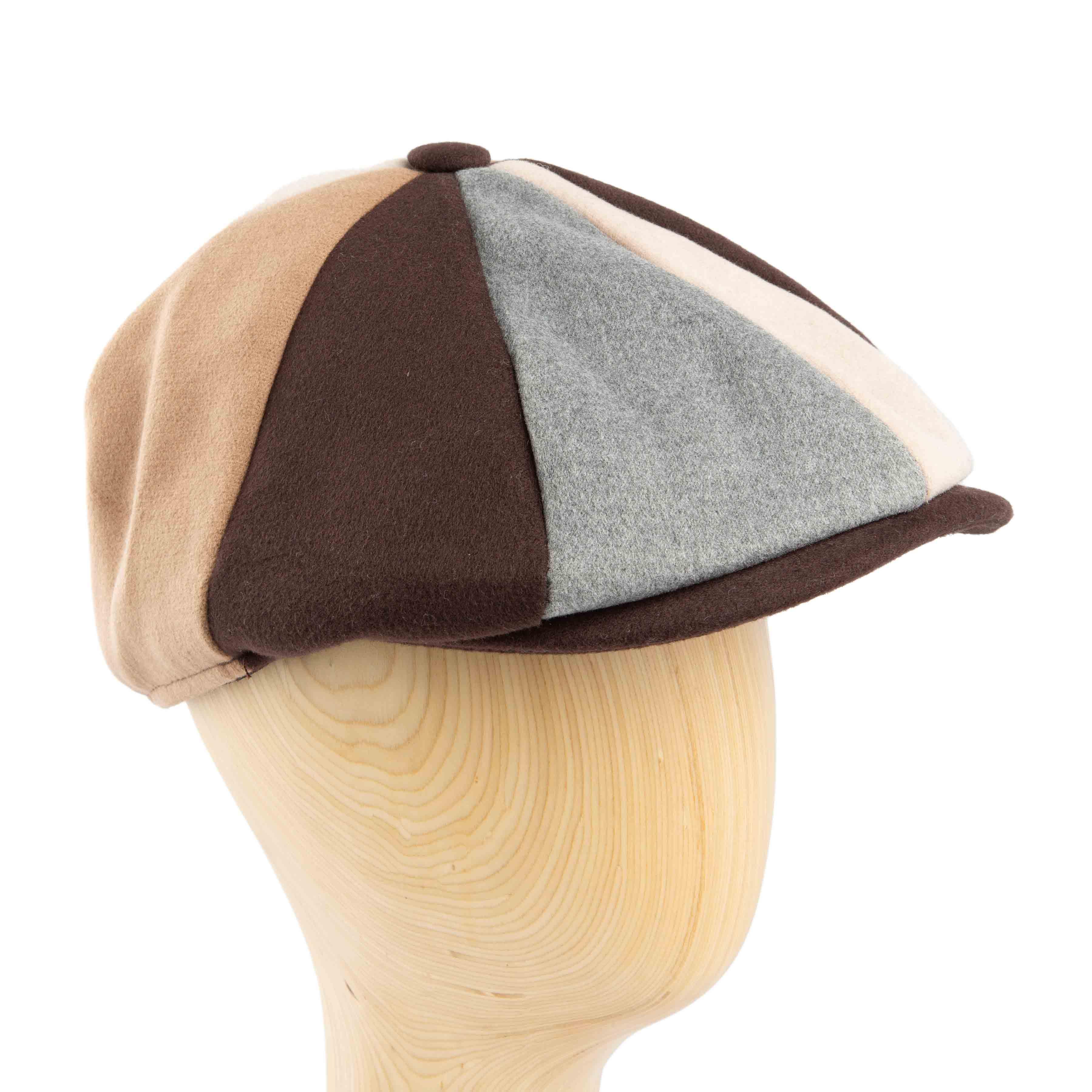 Multi-color panel newsboy cap, unisex patchwork design, brown beige grey cream, unique fashion accessory