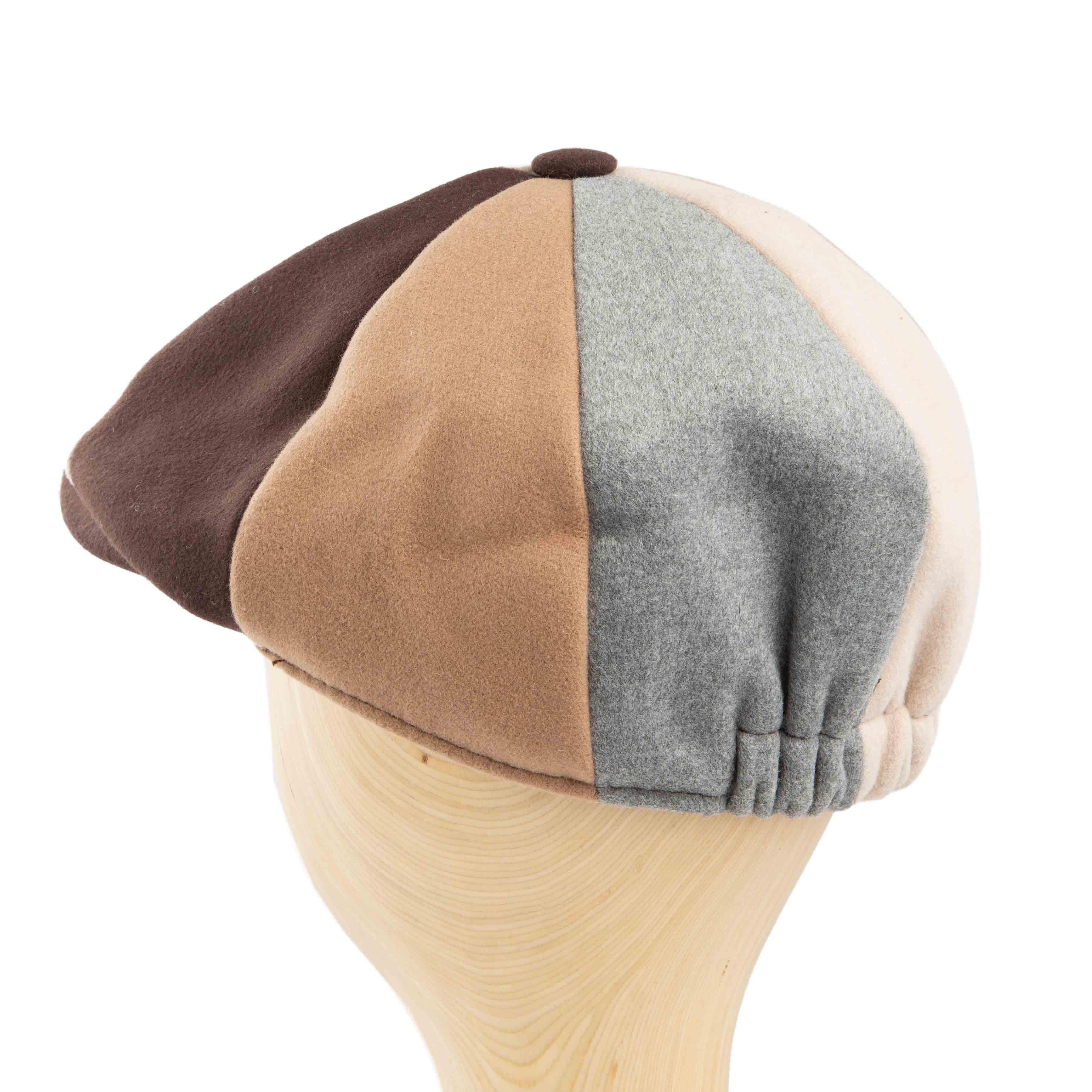 Multi-color panel newsboy cap, unisex patchwork design, brown beige grey cream, unique fashion accessory