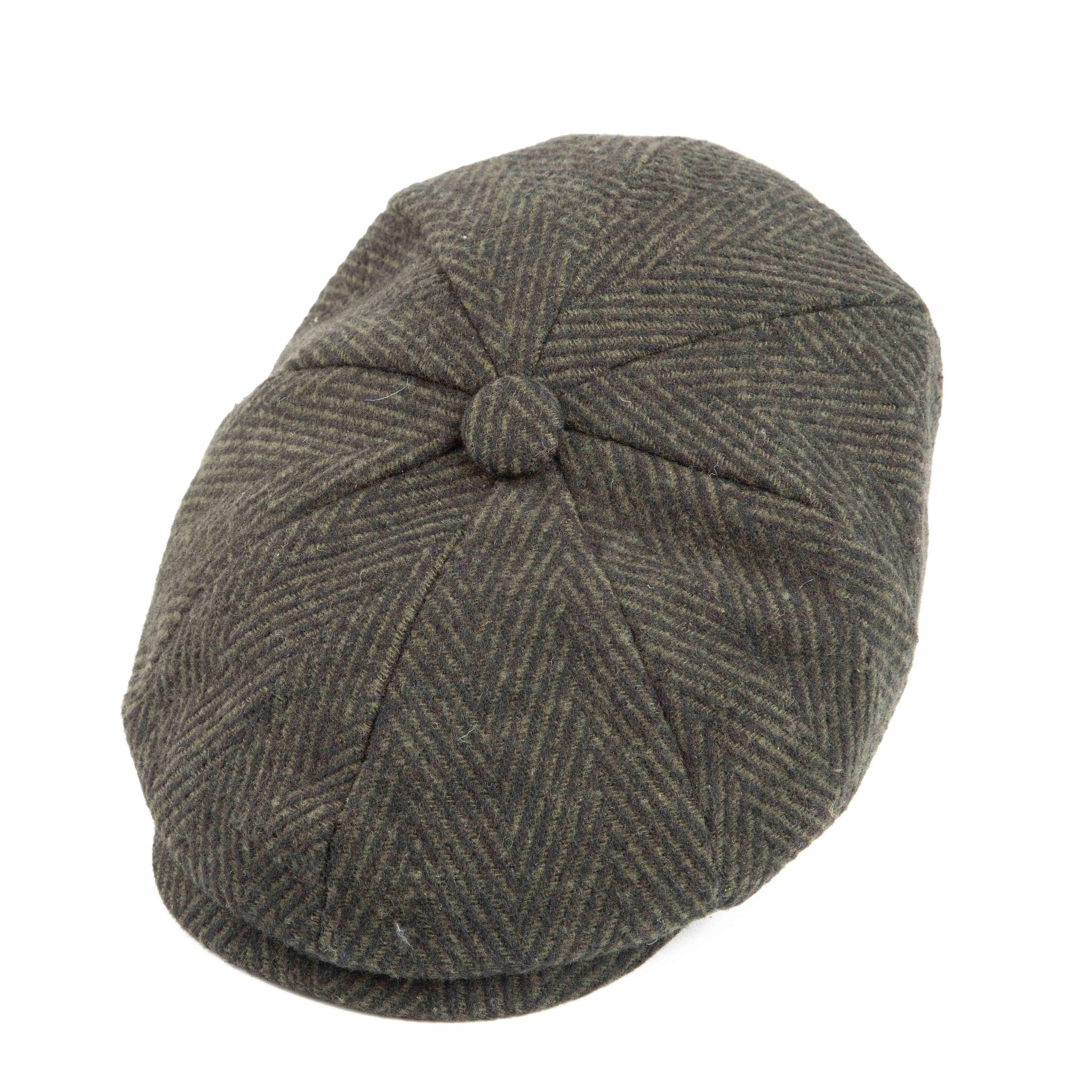 Dark olive green herringbone newsboy cap - classic unisex style with textured weave.