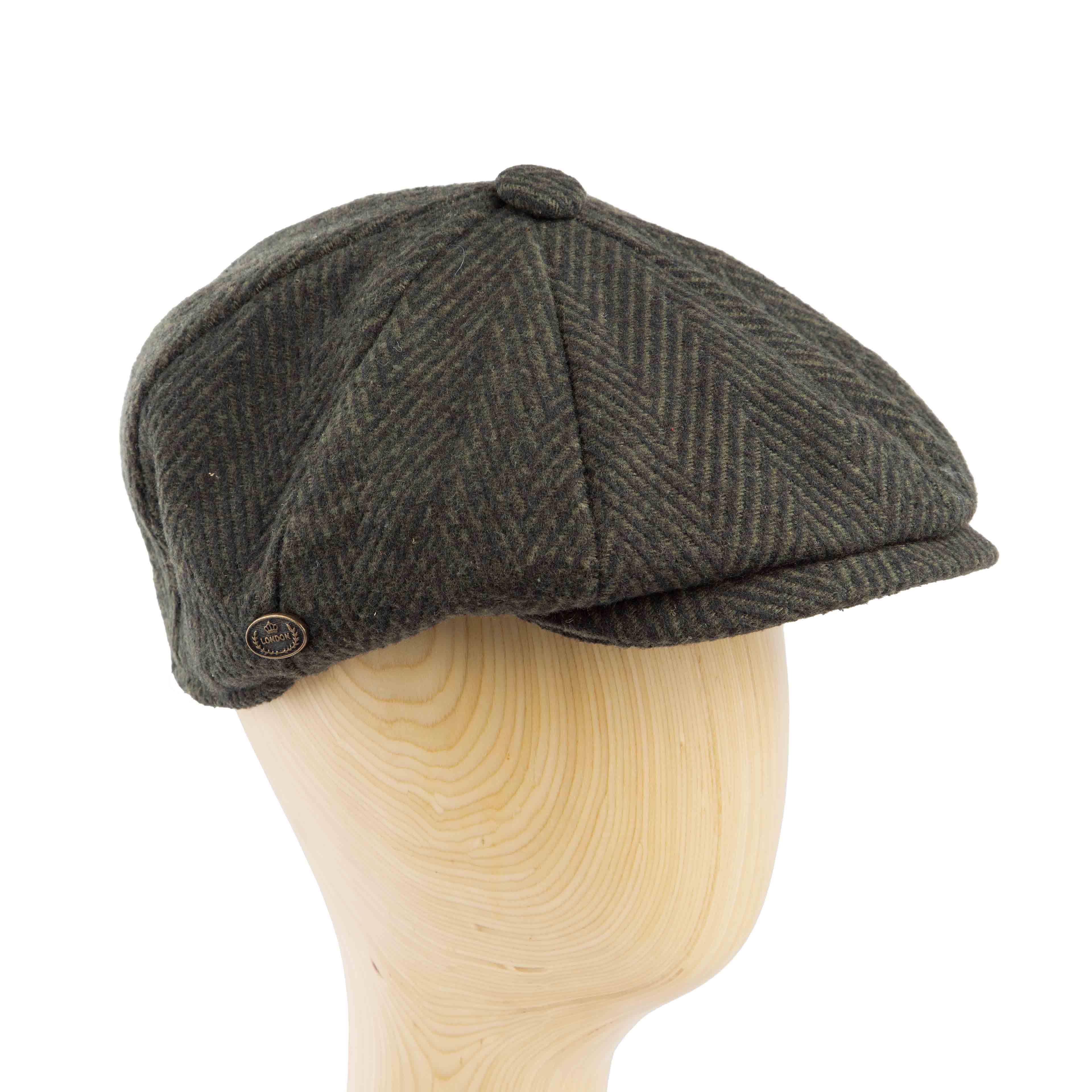 Dark olive green herringbone newsboy cap - classic unisex style with textured weave.