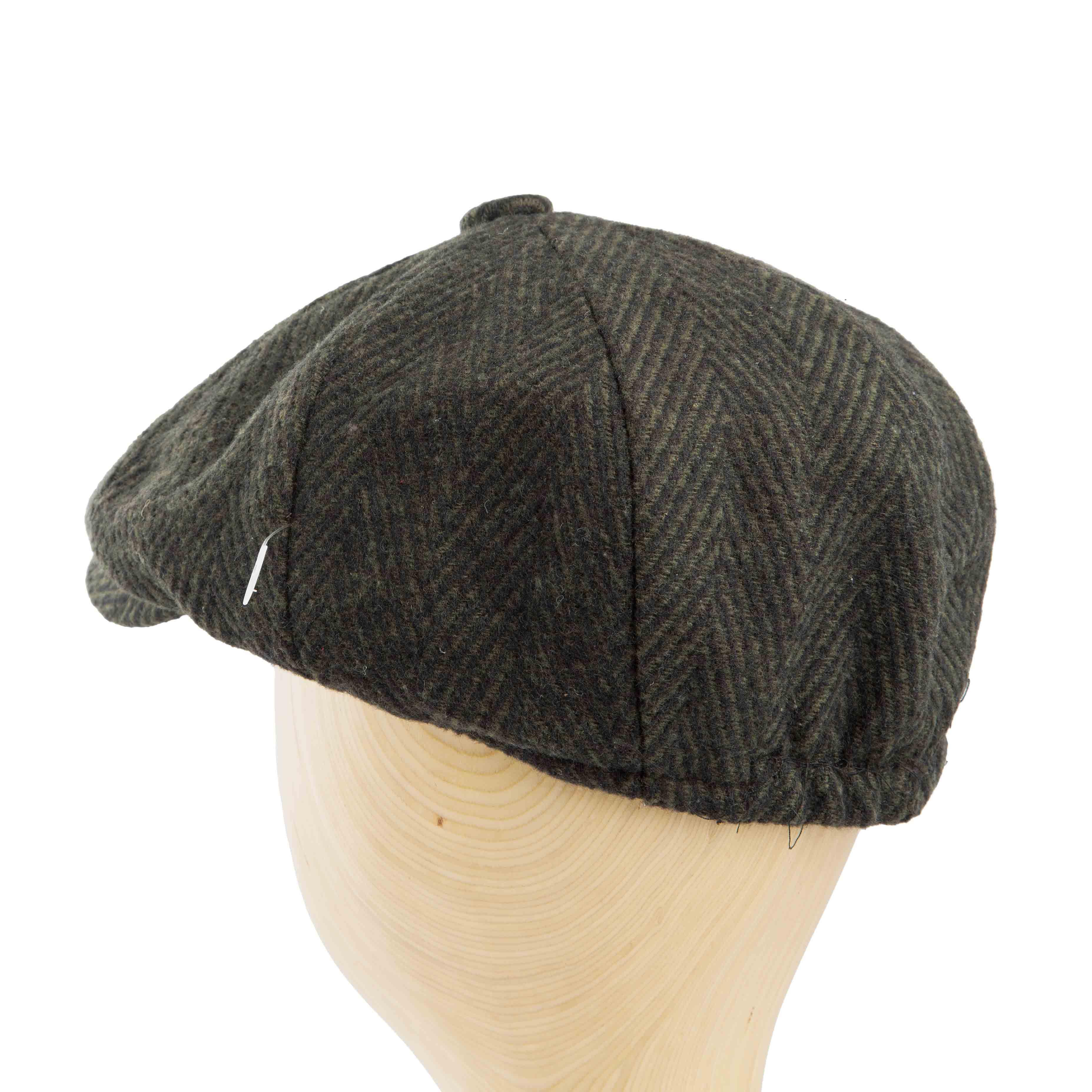 Dark olive green herringbone newsboy cap - classic unisex style with textured weave.