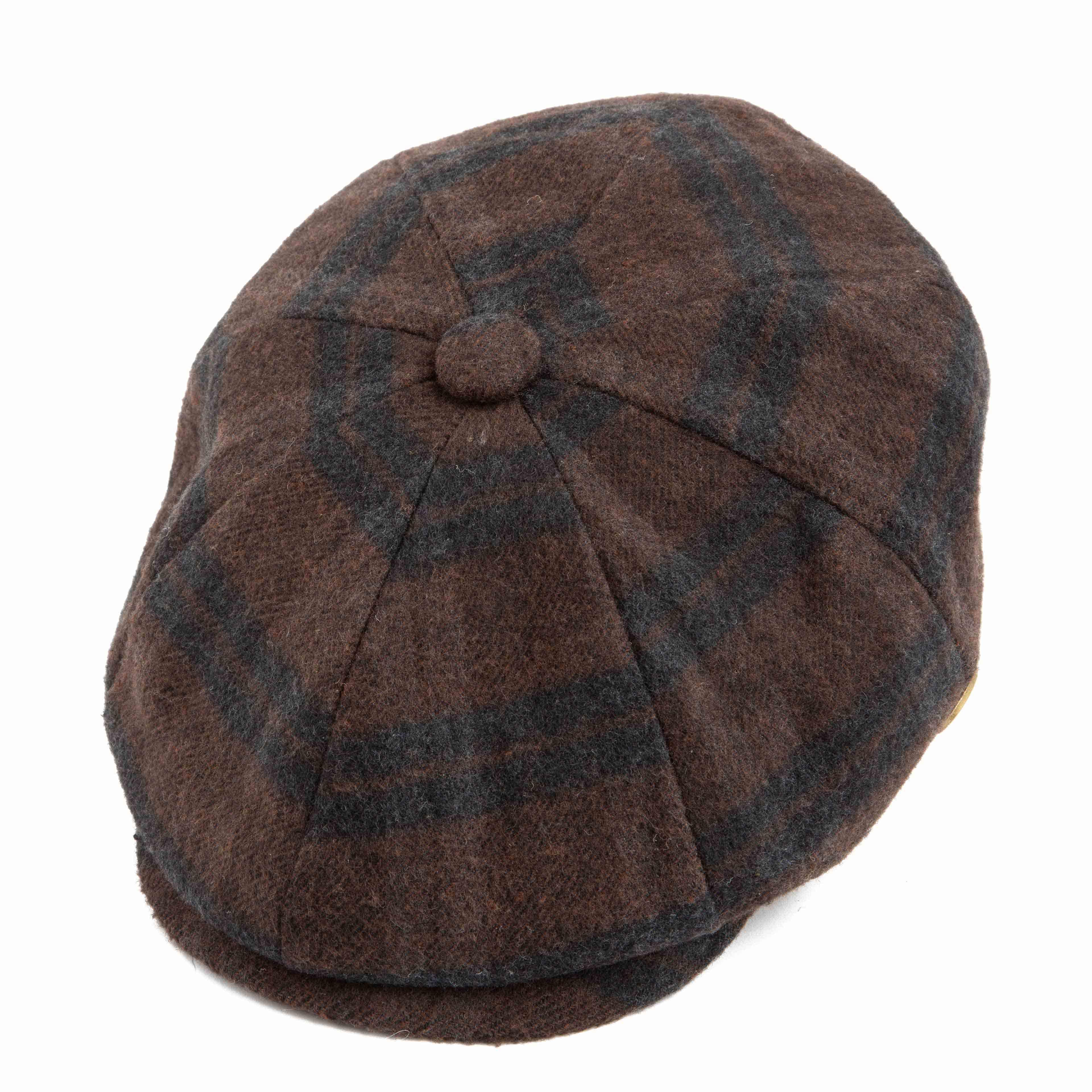 Brown plaid newsboy cap with a classic 8-panel design and button top, perfect for vintage-inspired and casual outfits."