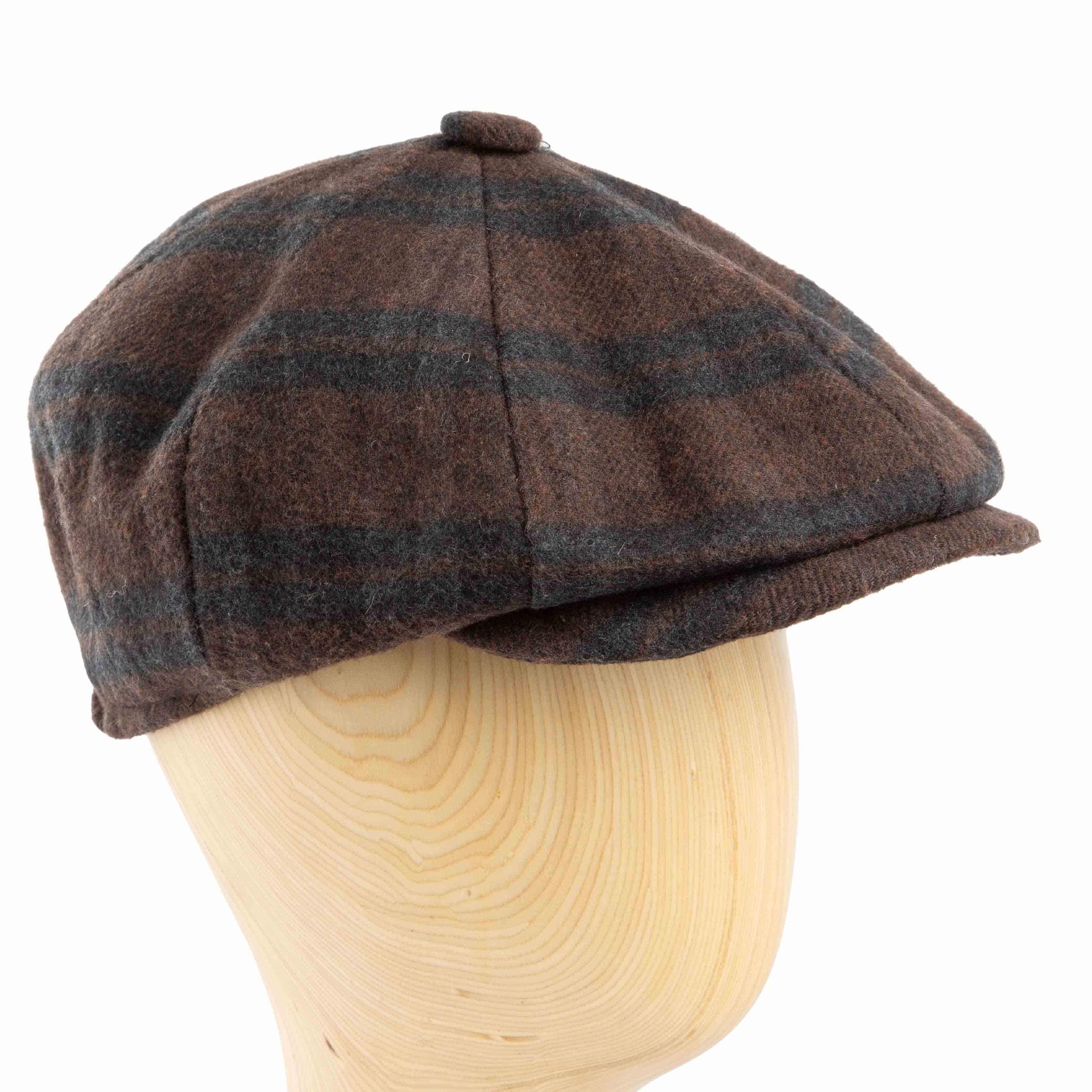 Brown plaid newsboy cap with a classic 8-panel design and button top, perfect for vintage-inspired and casual outfits."