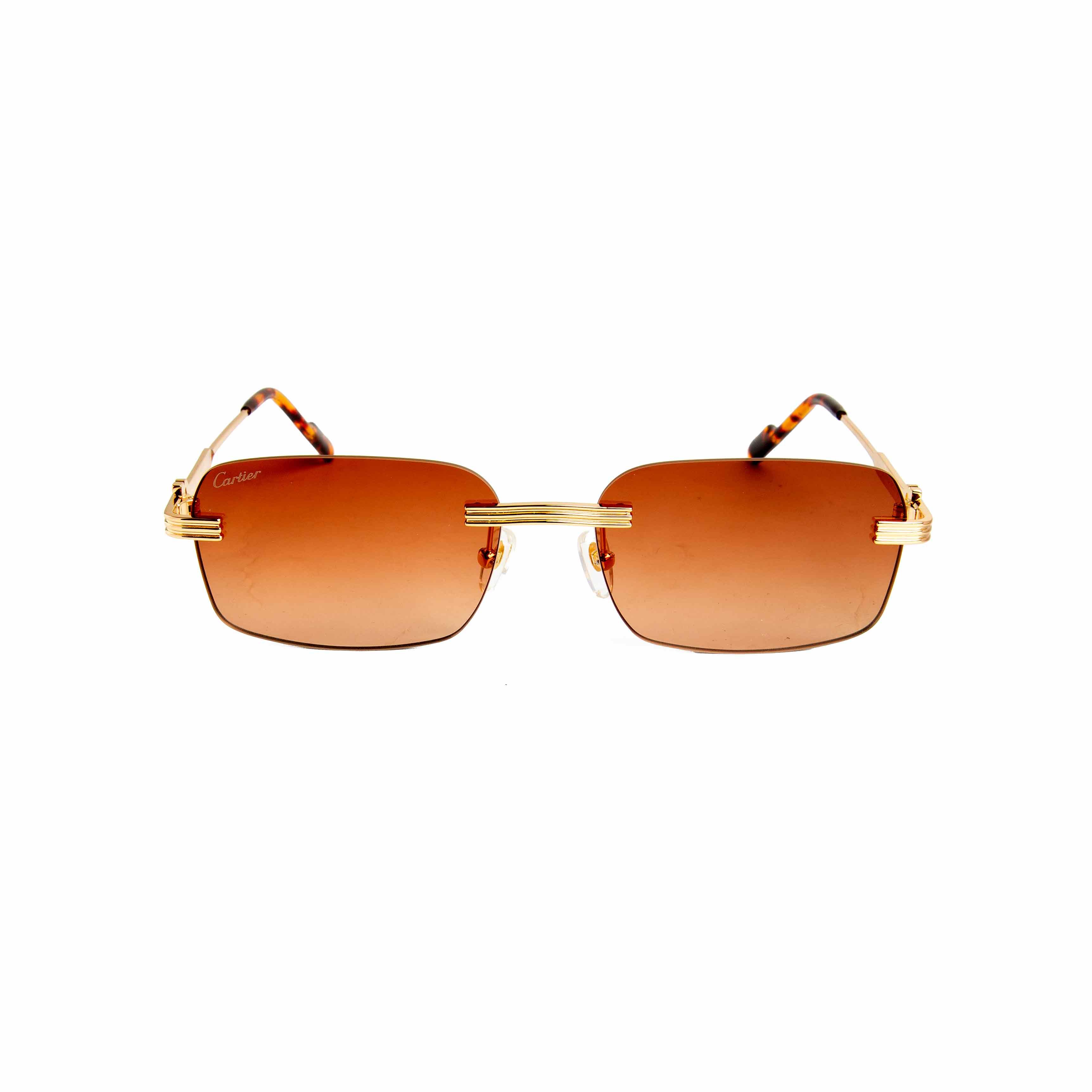 Cartier rimless gradient brown lens sunglasses with gold-tone and tortoiseshell temples. Luxury eyewear for men and women.