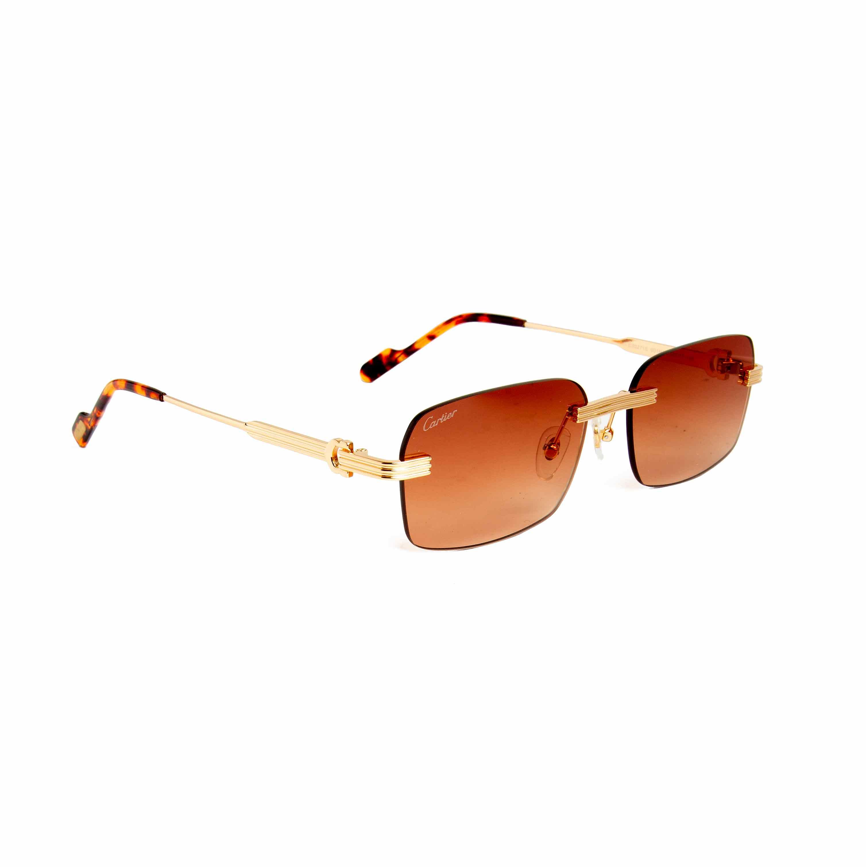 Cartier rimless gradient brown lens sunglasses with gold-tone and tortoiseshell temples. Luxury eyewear for men and women.