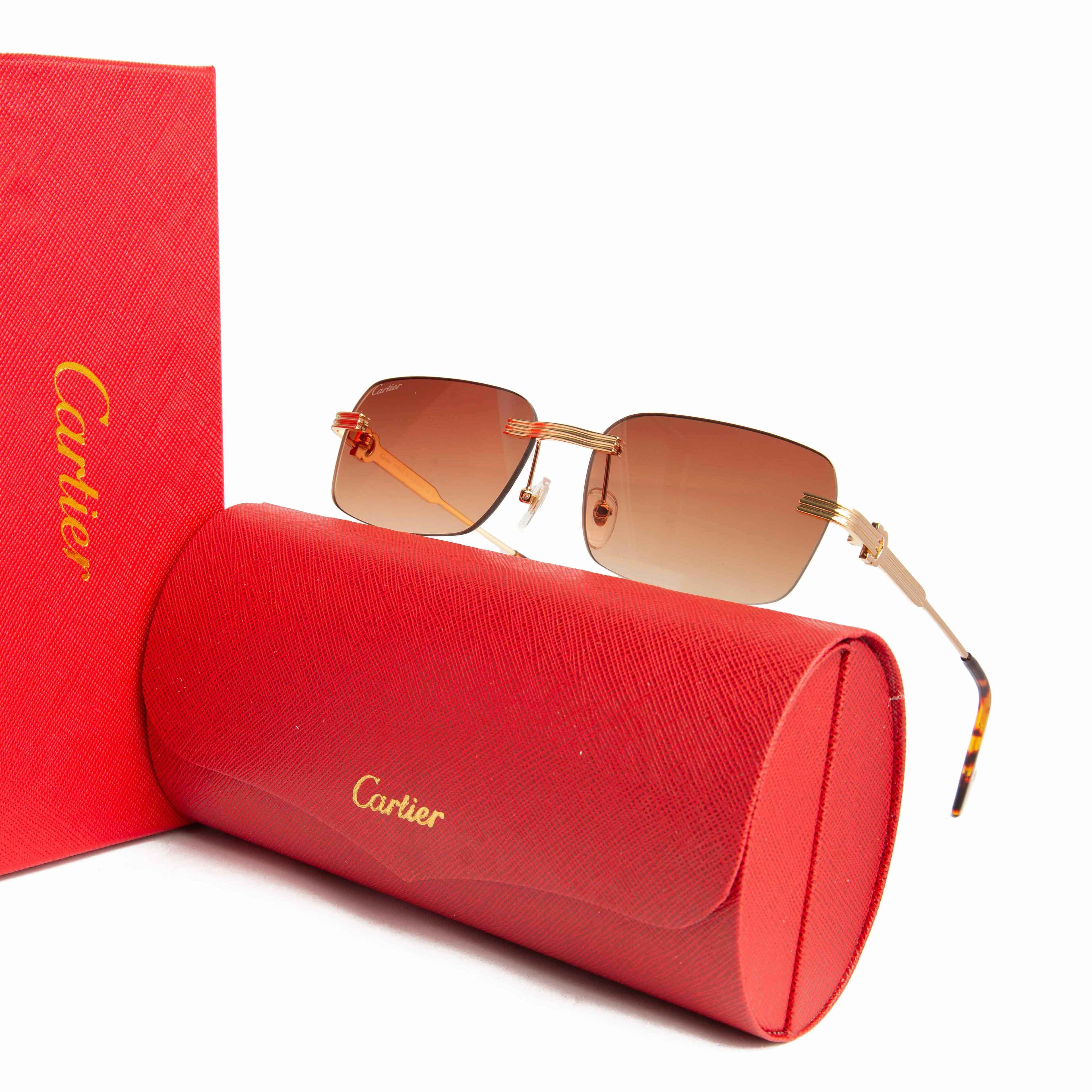 Cartier rimless gradient brown lens sunglasses with gold-tone and tortoiseshell temples. Luxury eyewear for men and women.