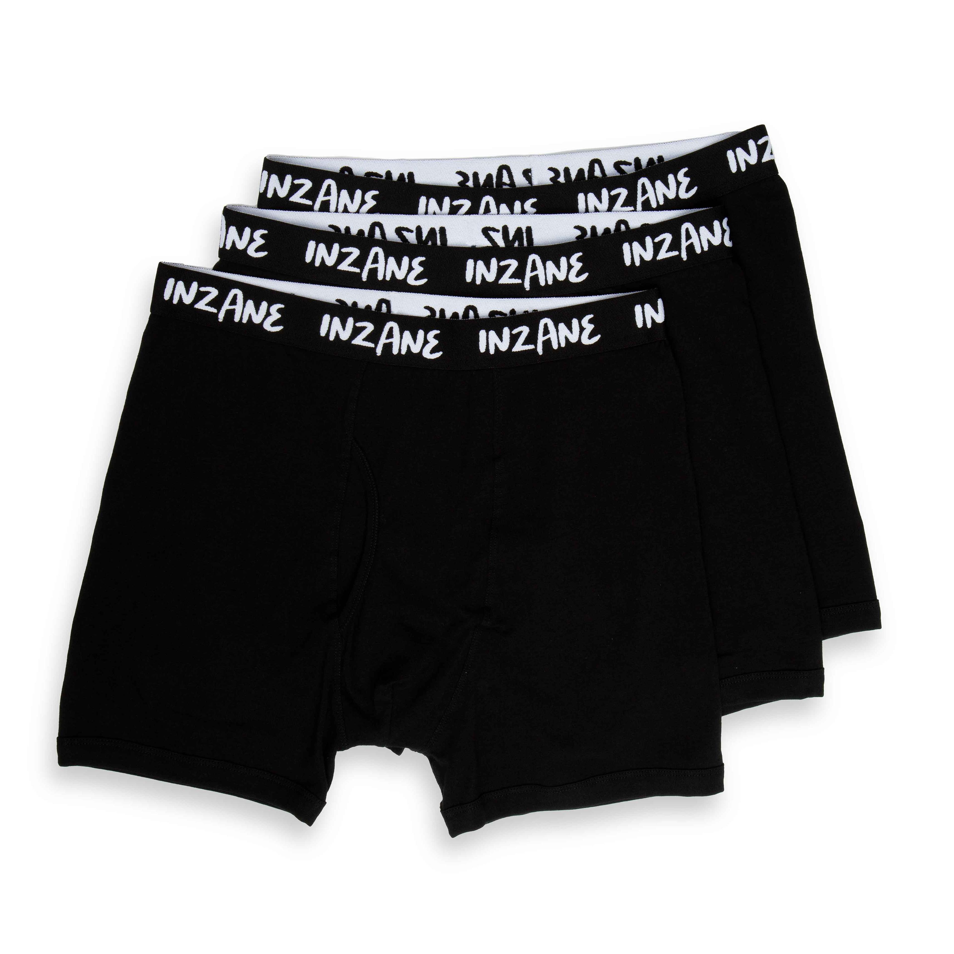 INZANE men's 3-pack black cotton stretch boxer shorts, comfortable underwear for daily wear.
