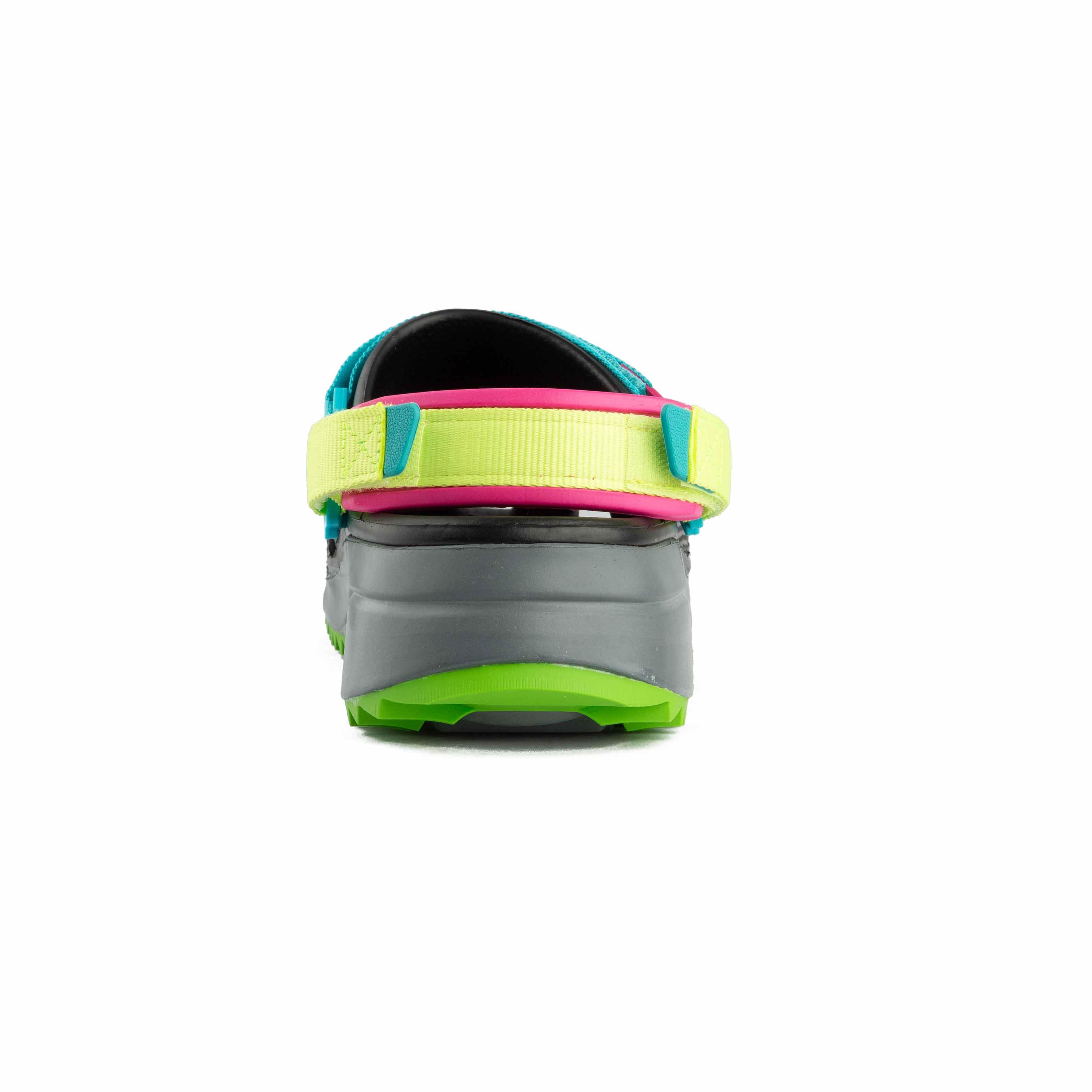 These are a pair of Crocs Echo Clogs, characterized by their bold, sculpted design and multi-colored accents