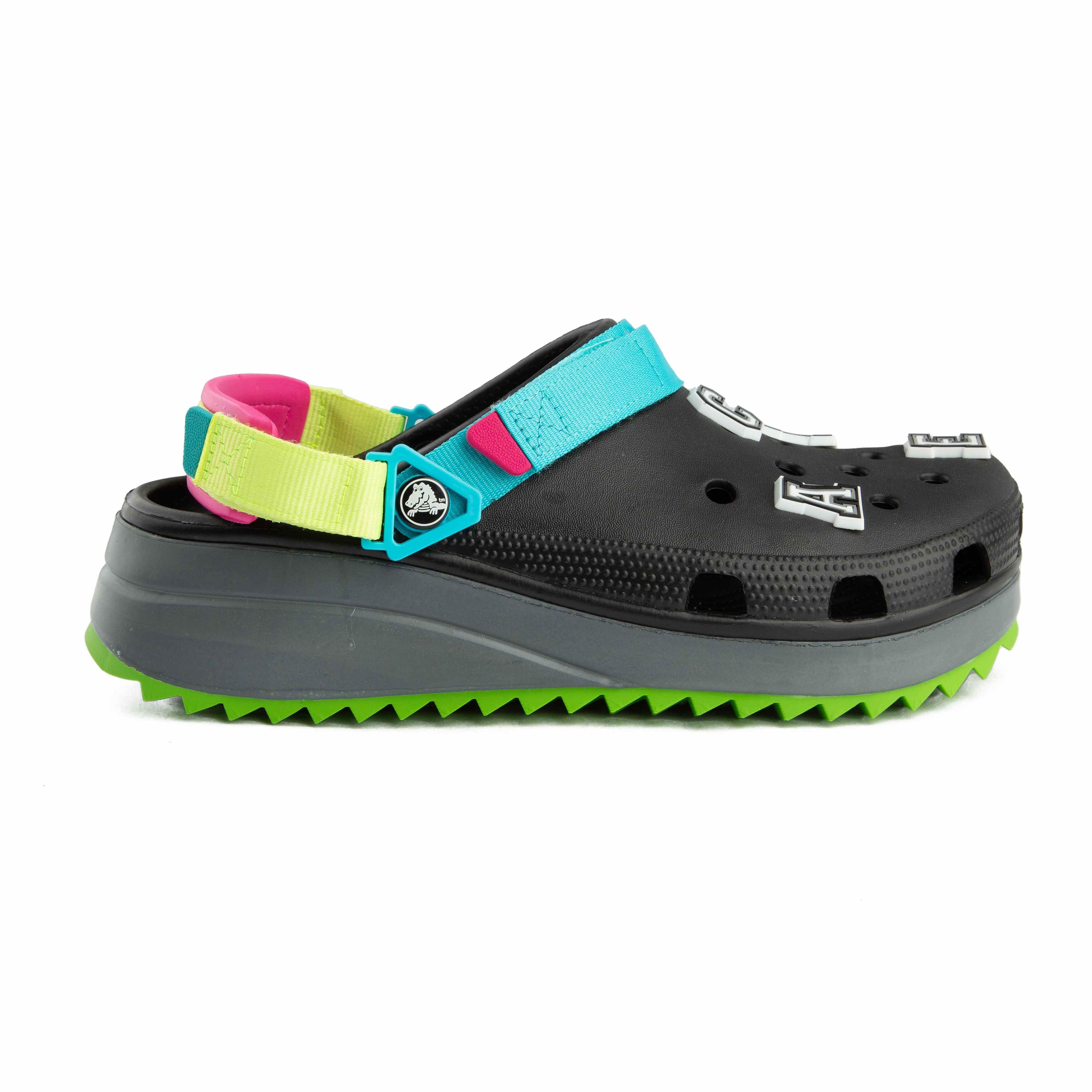 These are a pair of Crocs Echo Clogs, characterized by their bold, sculpted design and multi-colored accents