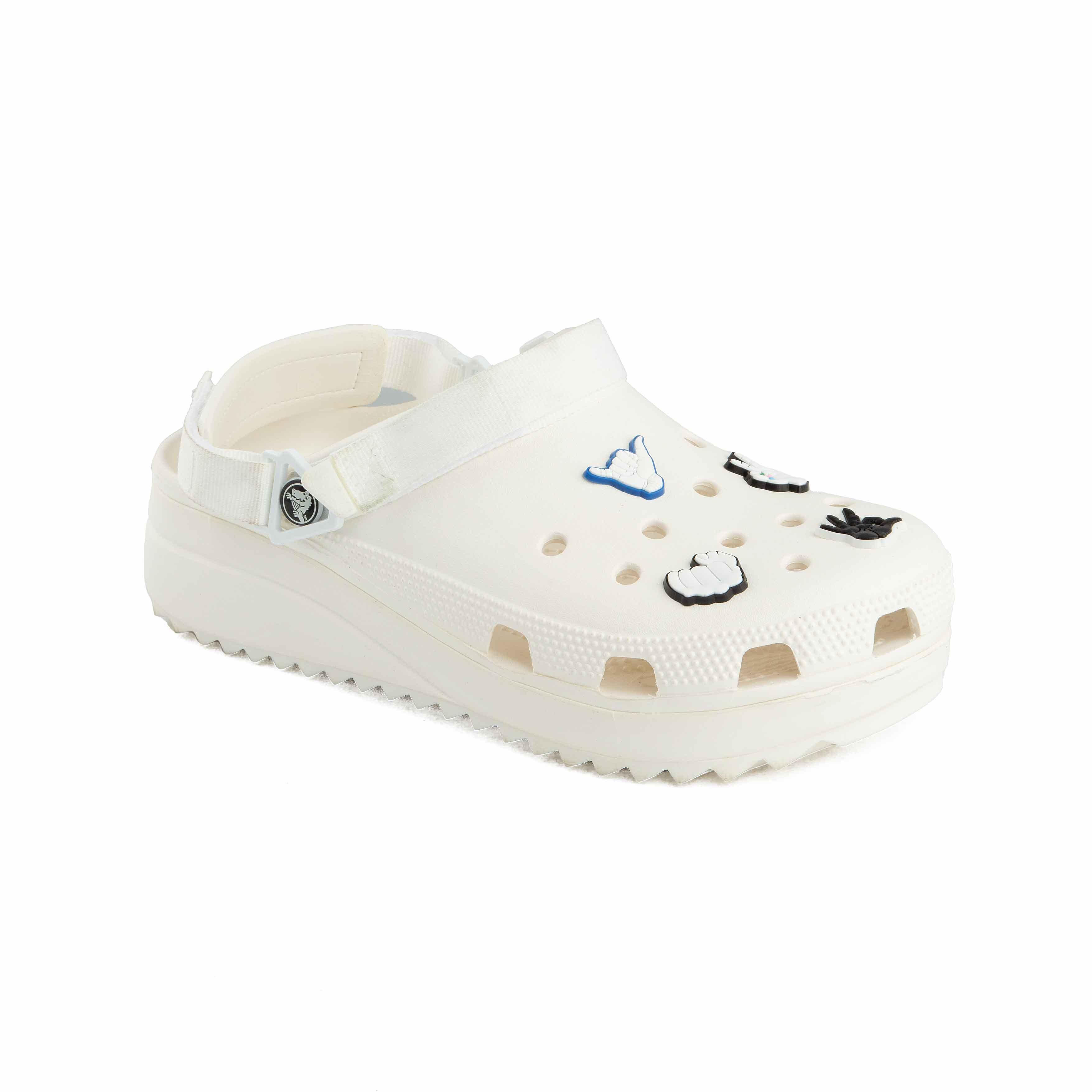 These are a pair of platform Crocs Classic Crush Clogs in an off-white or cream color. 