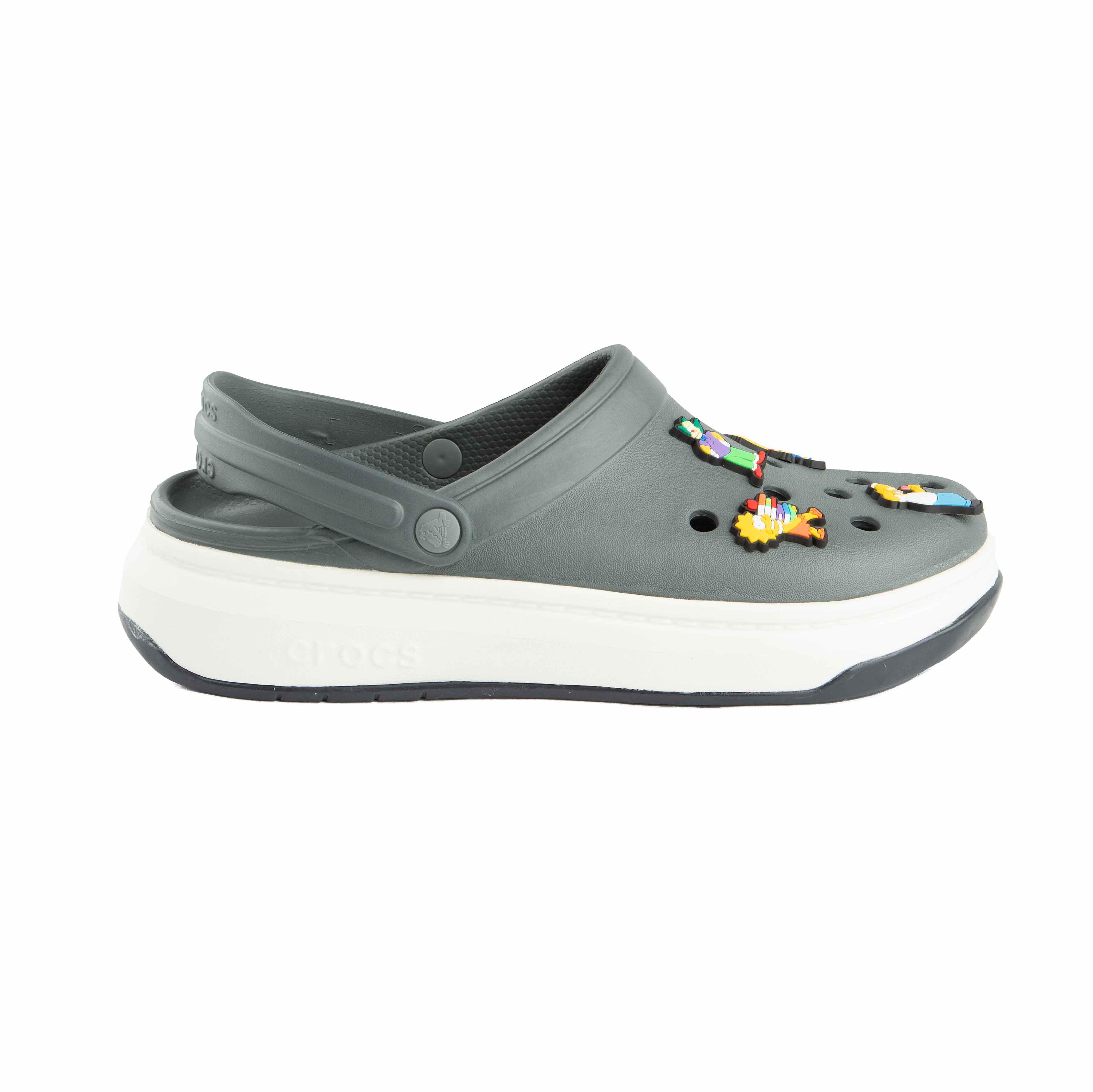 These are stylish dark grey platform clogs, designed for comfort with a contemporary edge and a touch of playfulness.