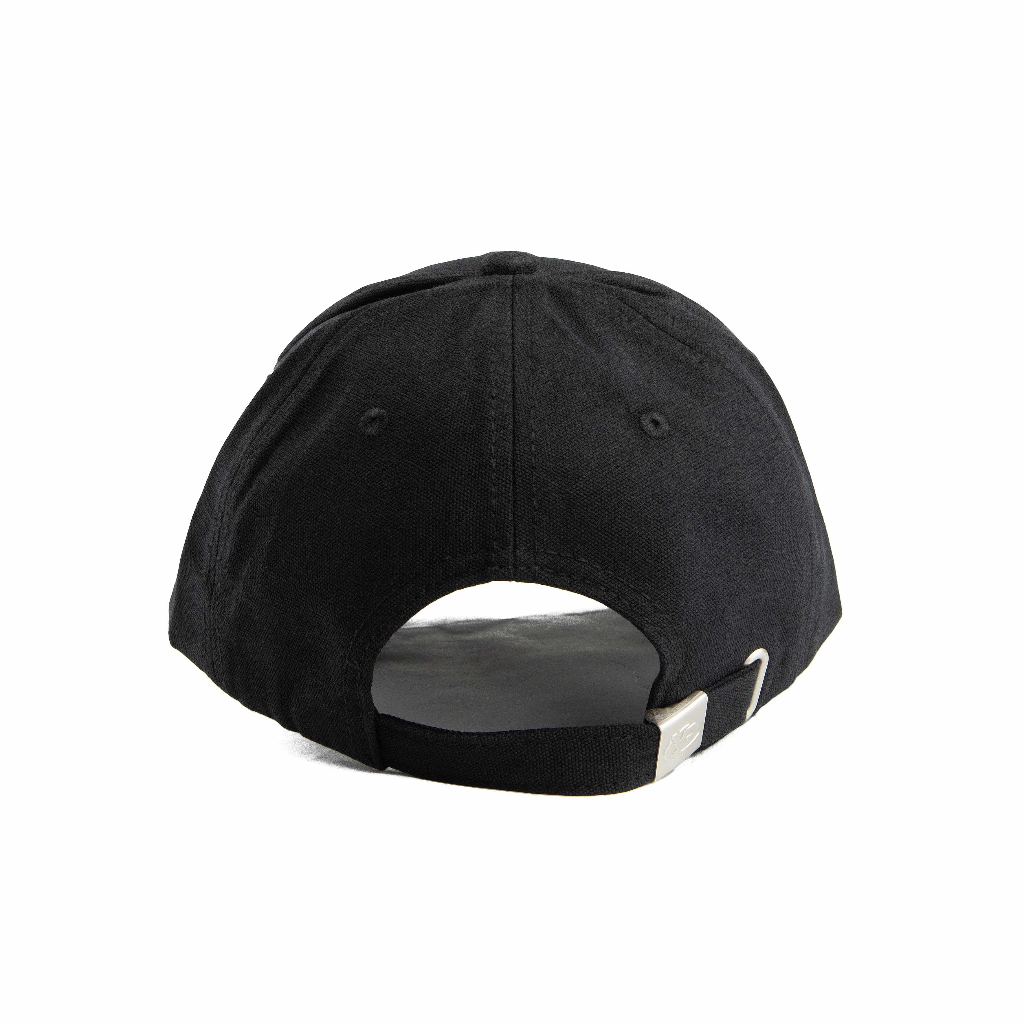 Stylish black baseball cap featuring a unique red stylized
