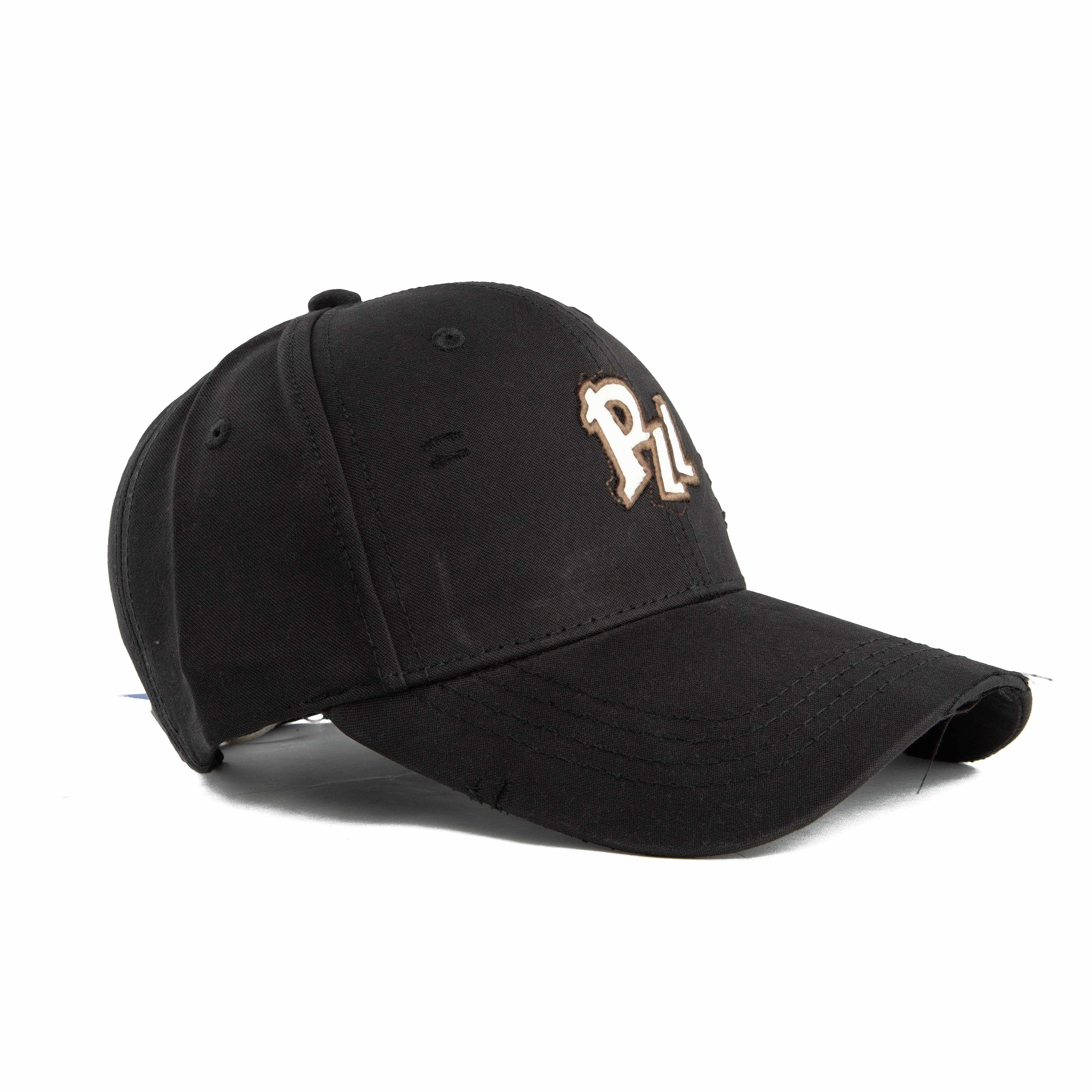 This is a stylish, distressed baseball cap in a solid black color.
