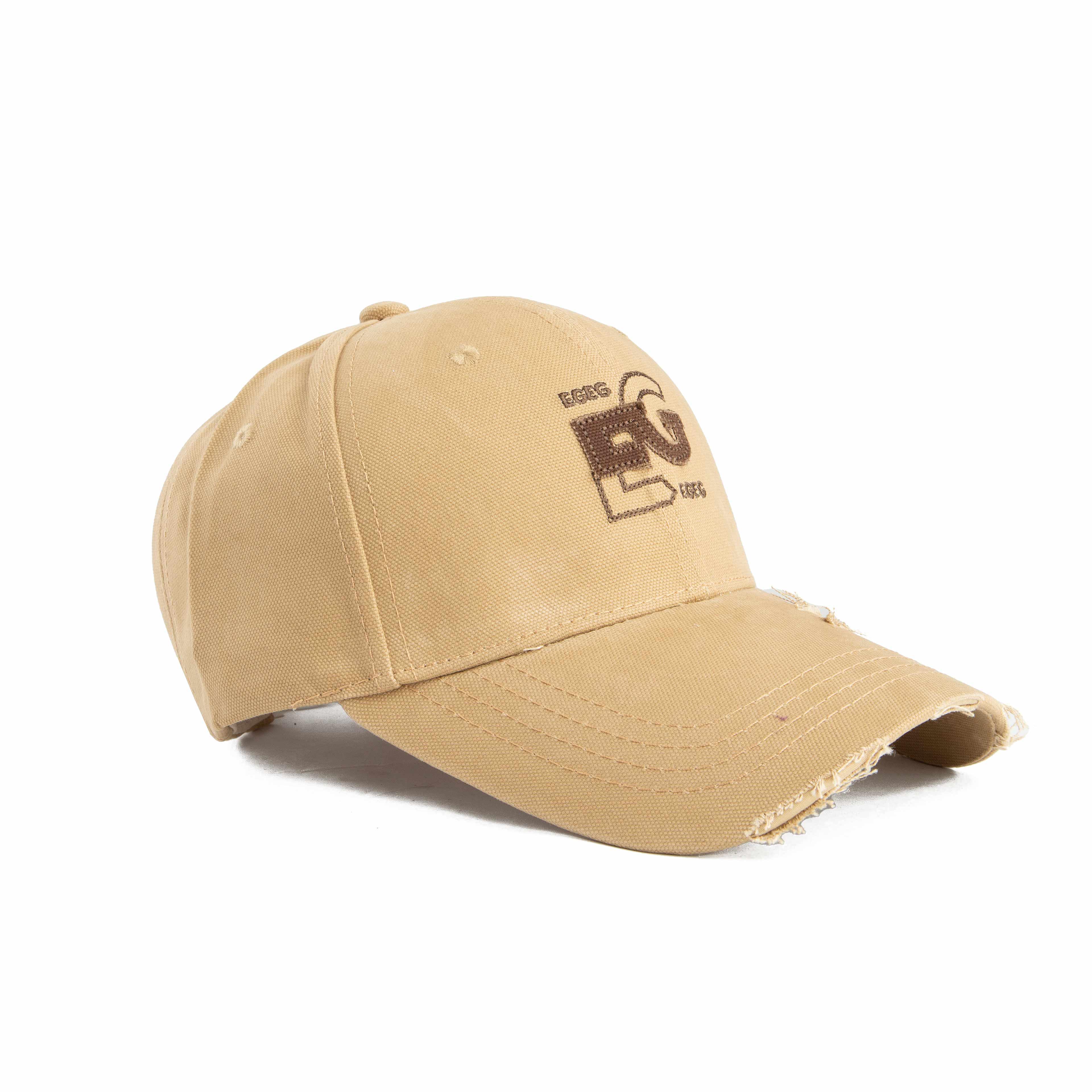 This is a distressed baseball cap in a light, earthy tone, characteristic of a worn or vintage style.