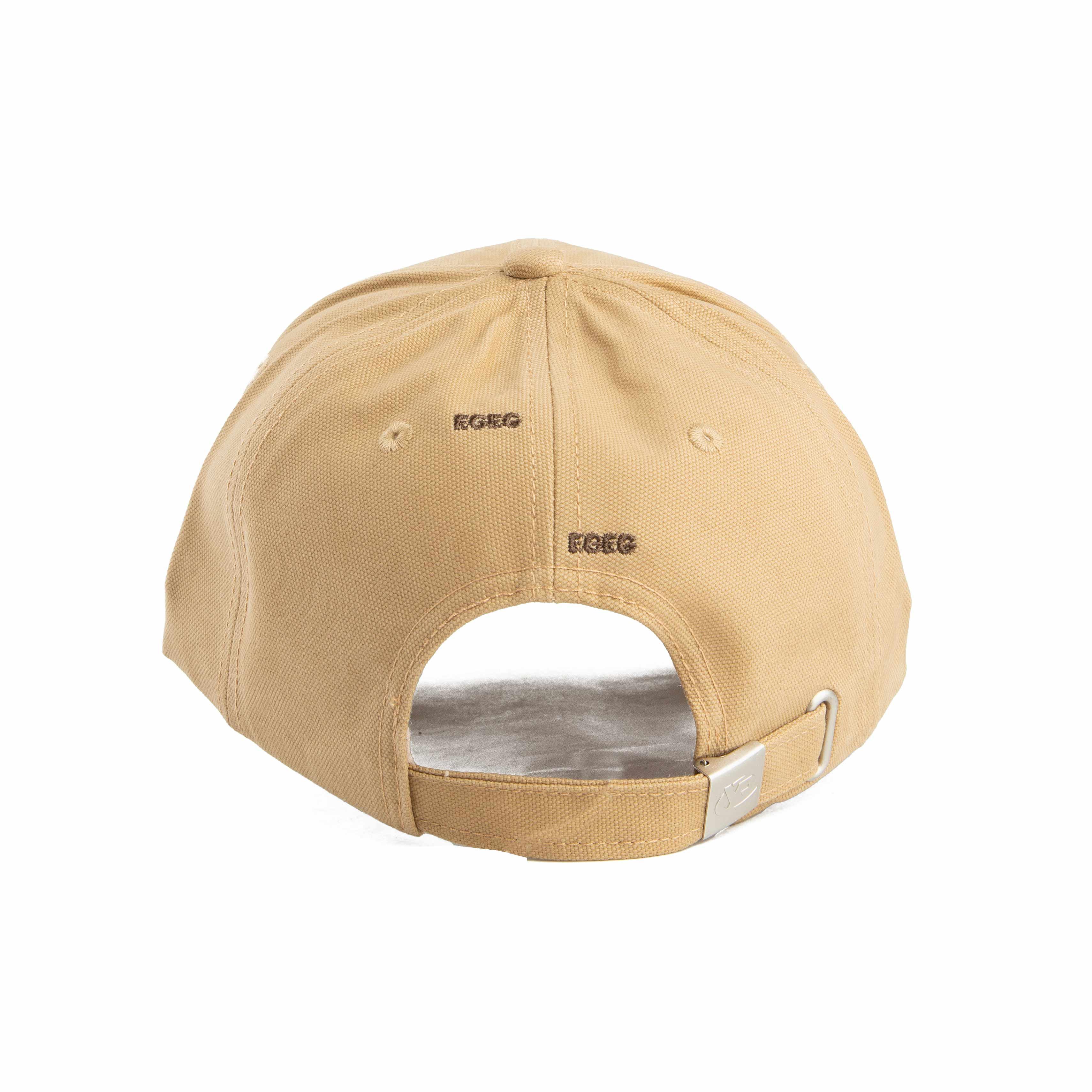This is a distressed baseball cap in a light, earthy tone, characteristic of a worn or vintage style.