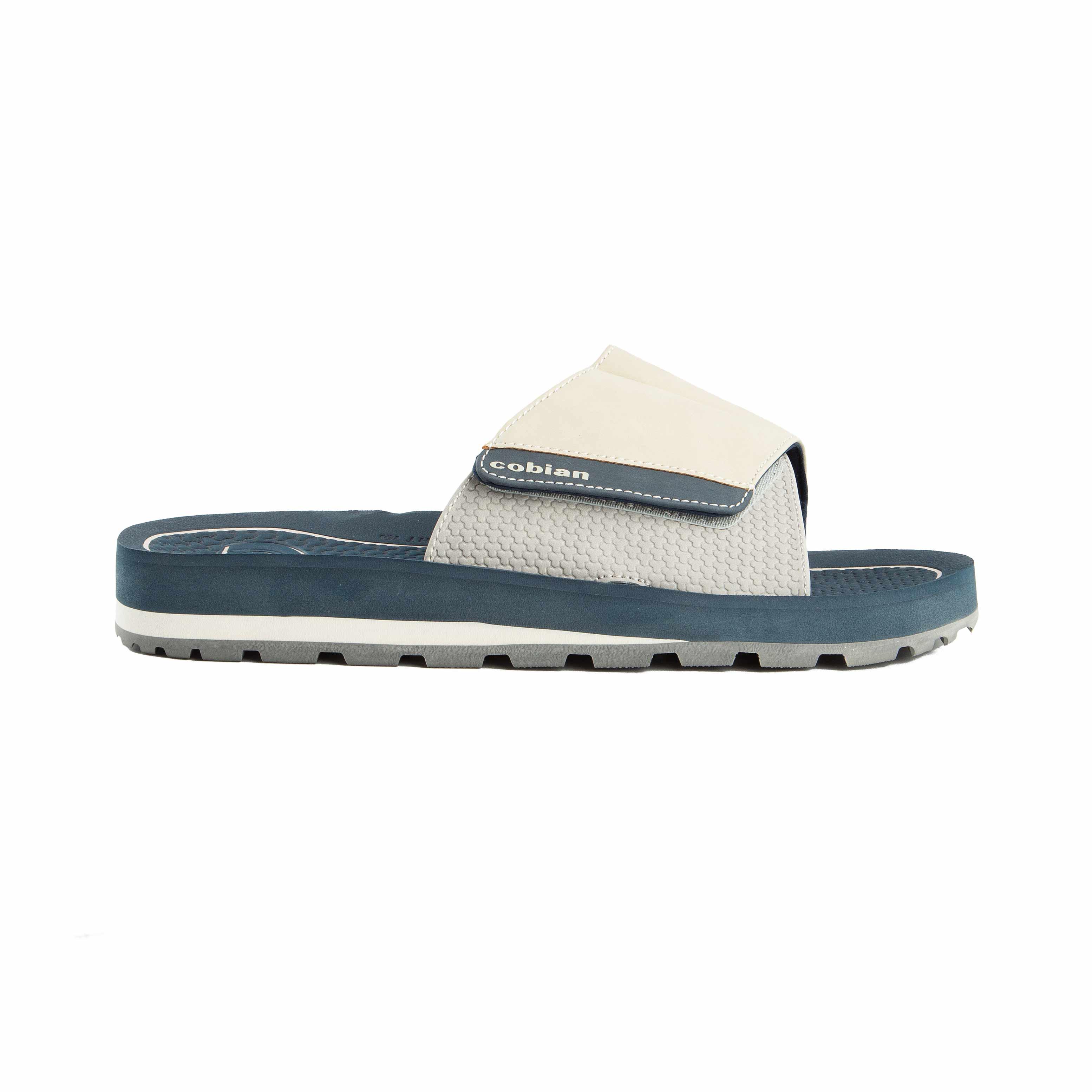 This is a pair of modern and comfortable slide sandals with a multi-tone design. 