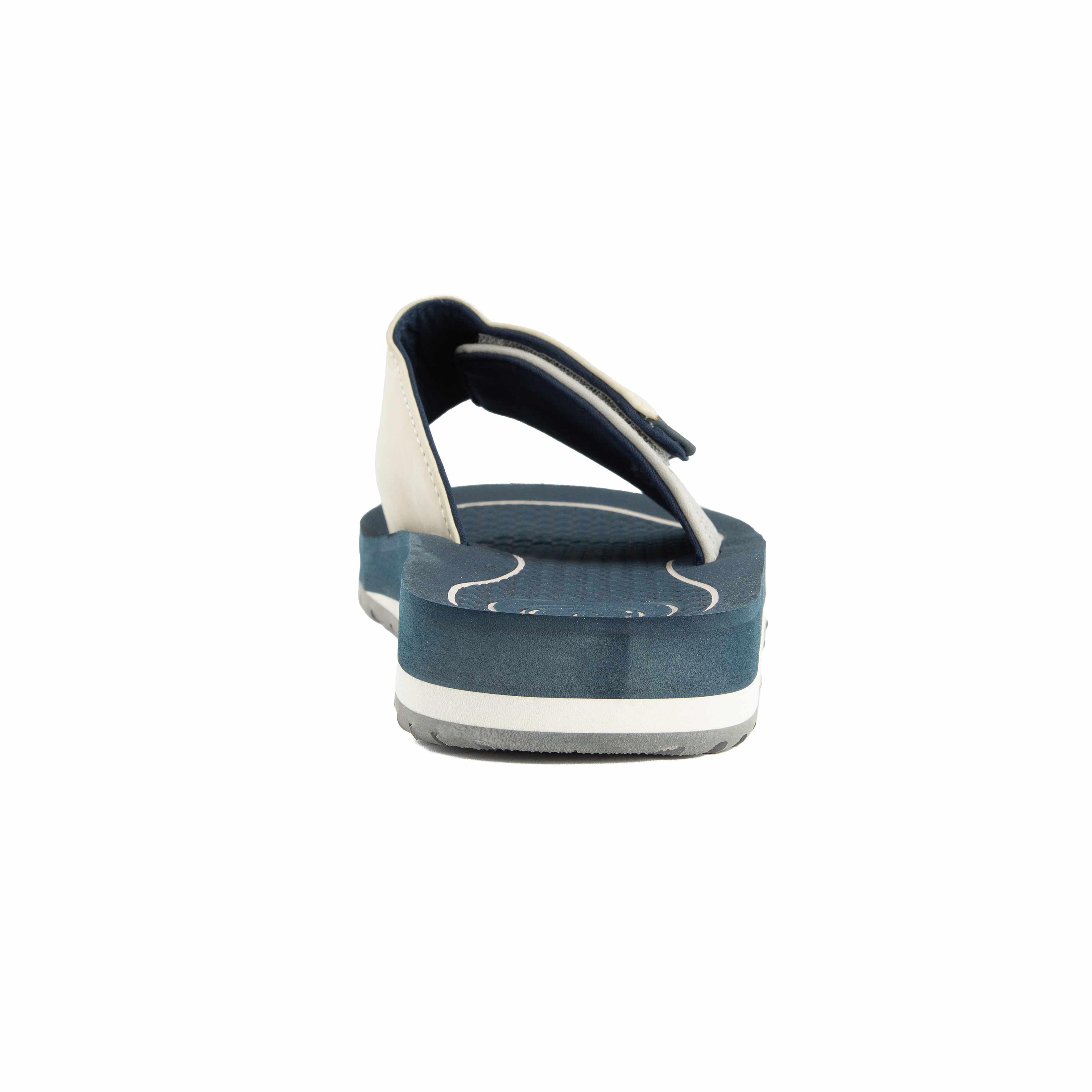 This is a pair of modern and comfortable slide sandals with a multi-tone design. 