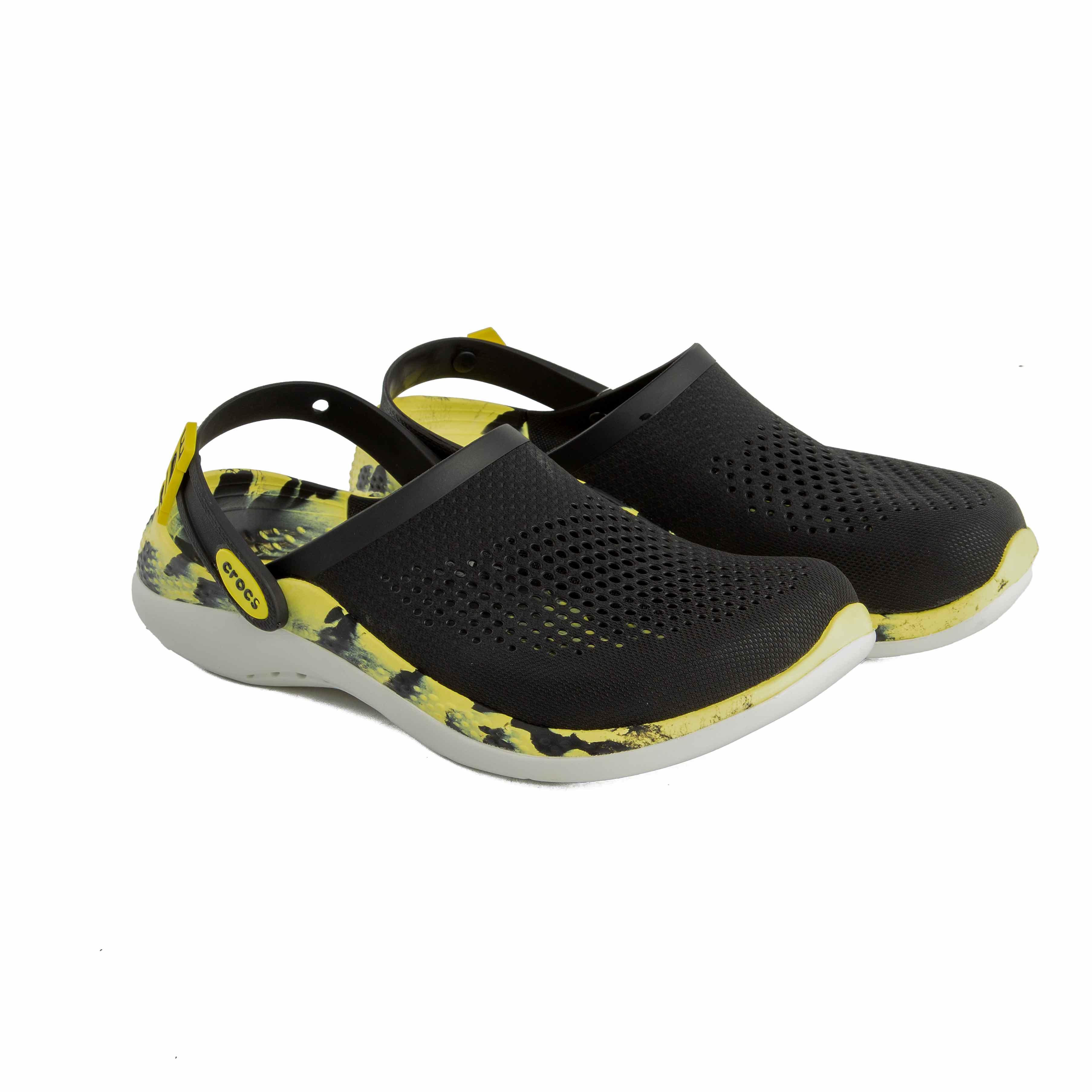 This is a distinctive pair of Crocs LiteRide Clogs, known for their innovative comfort and lightweight design, featuring a unique print. 