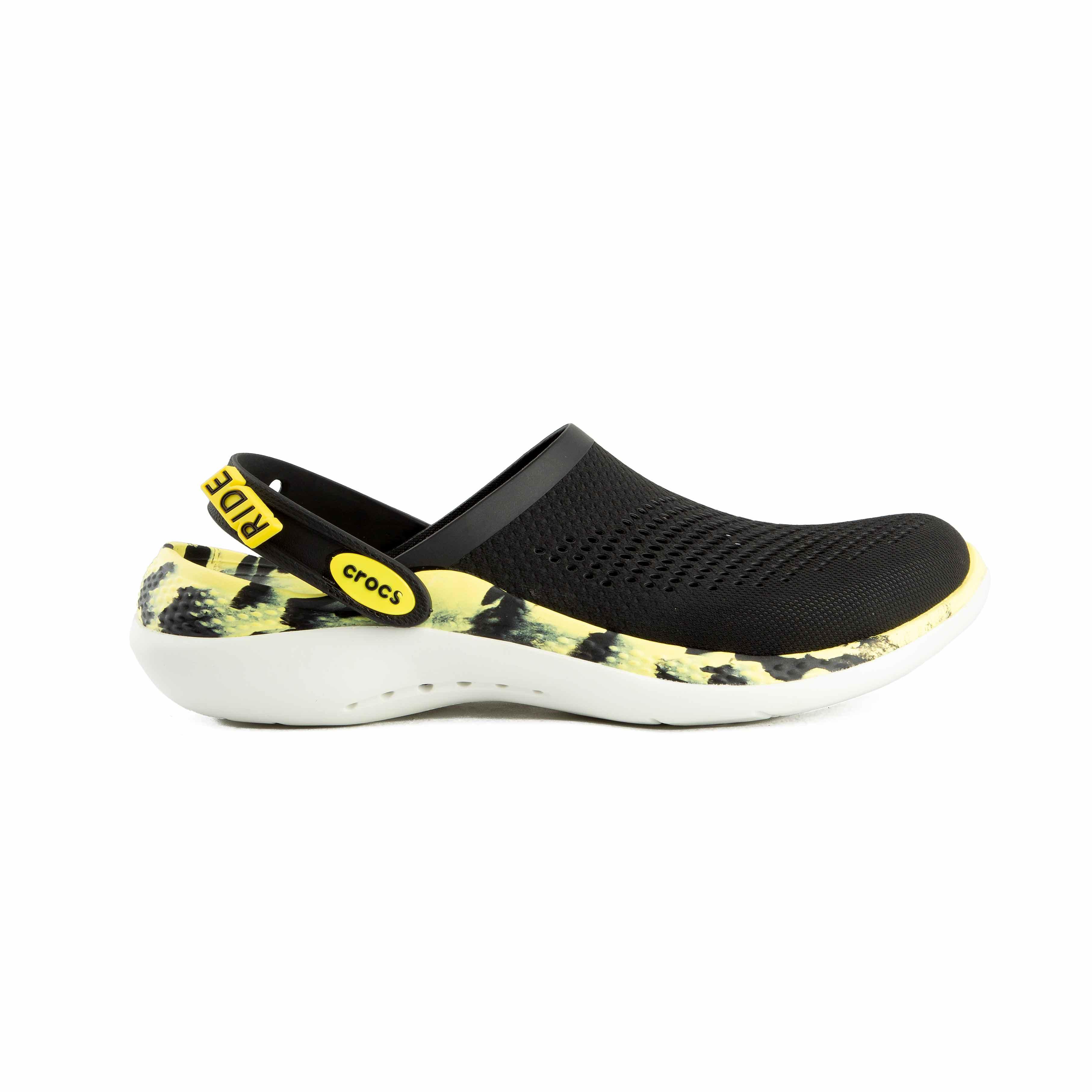 This is a distinctive pair of Crocs LiteRide Clogs, known for their innovative comfort and lightweight design, featuring a unique print. 