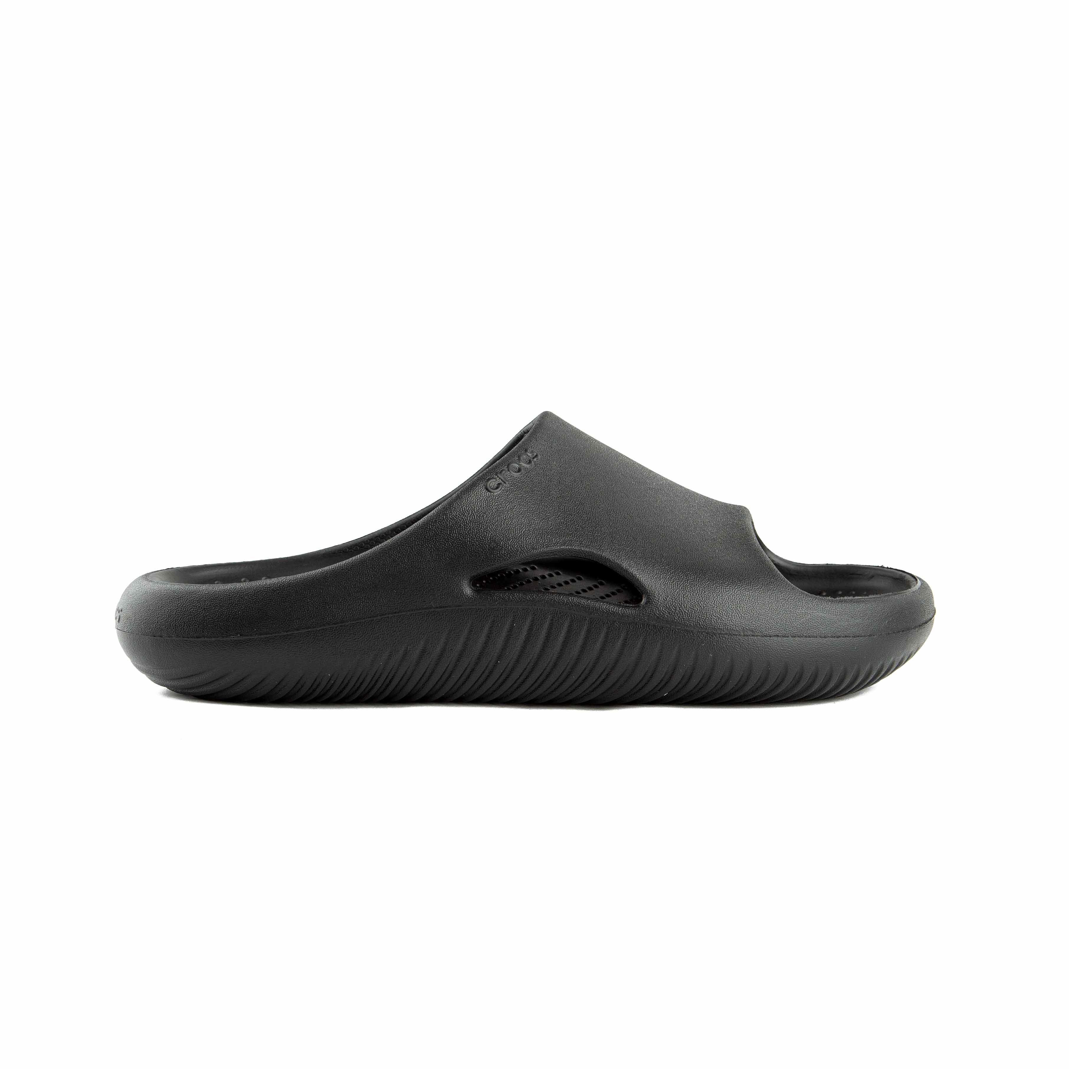This is a pair of solid black, slip-on slide sandals from the Crocs brand. 