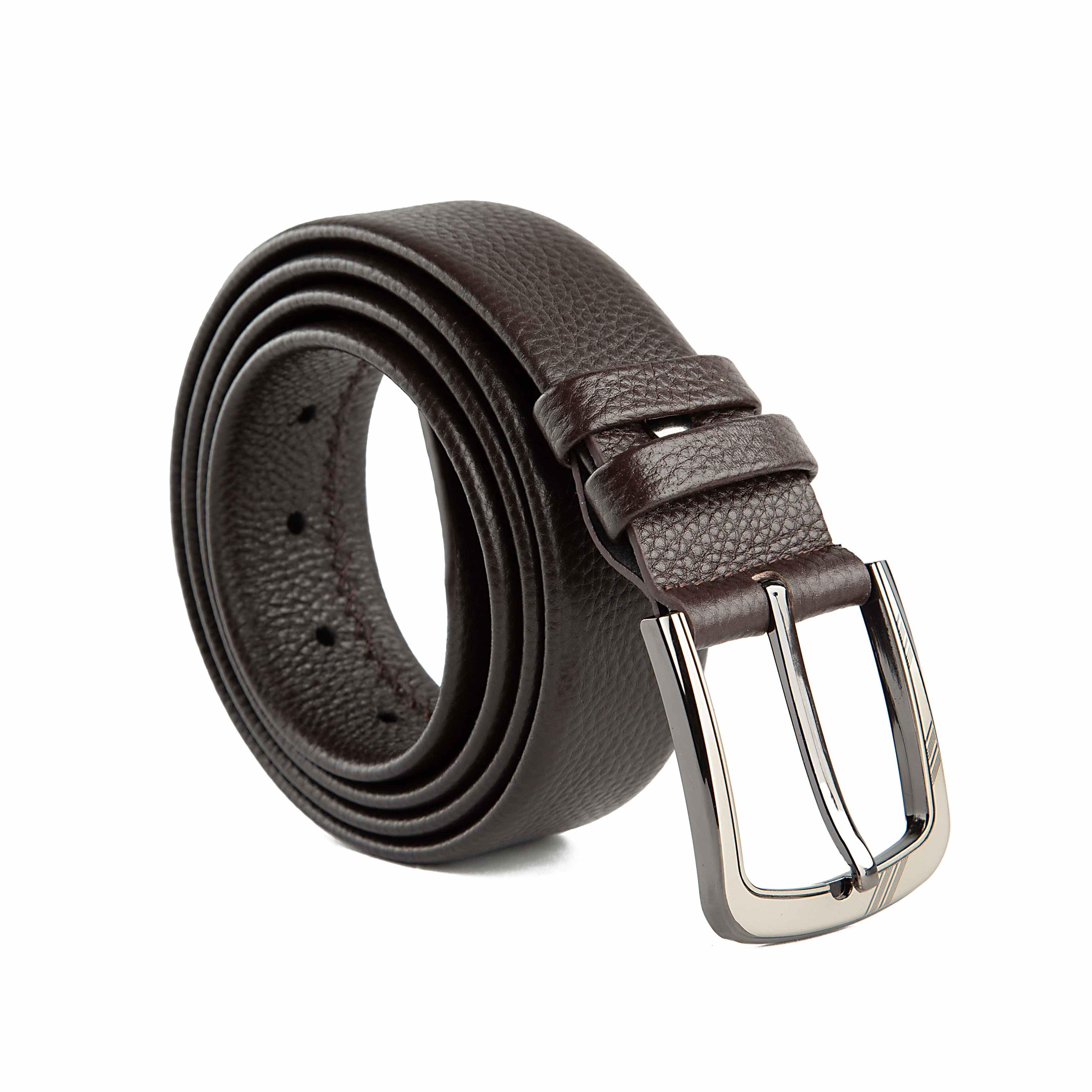 Agu & Son Ltd Men's Classic Brown Leather Belt with Polished Silver Buckle - Everyday Dress Belt