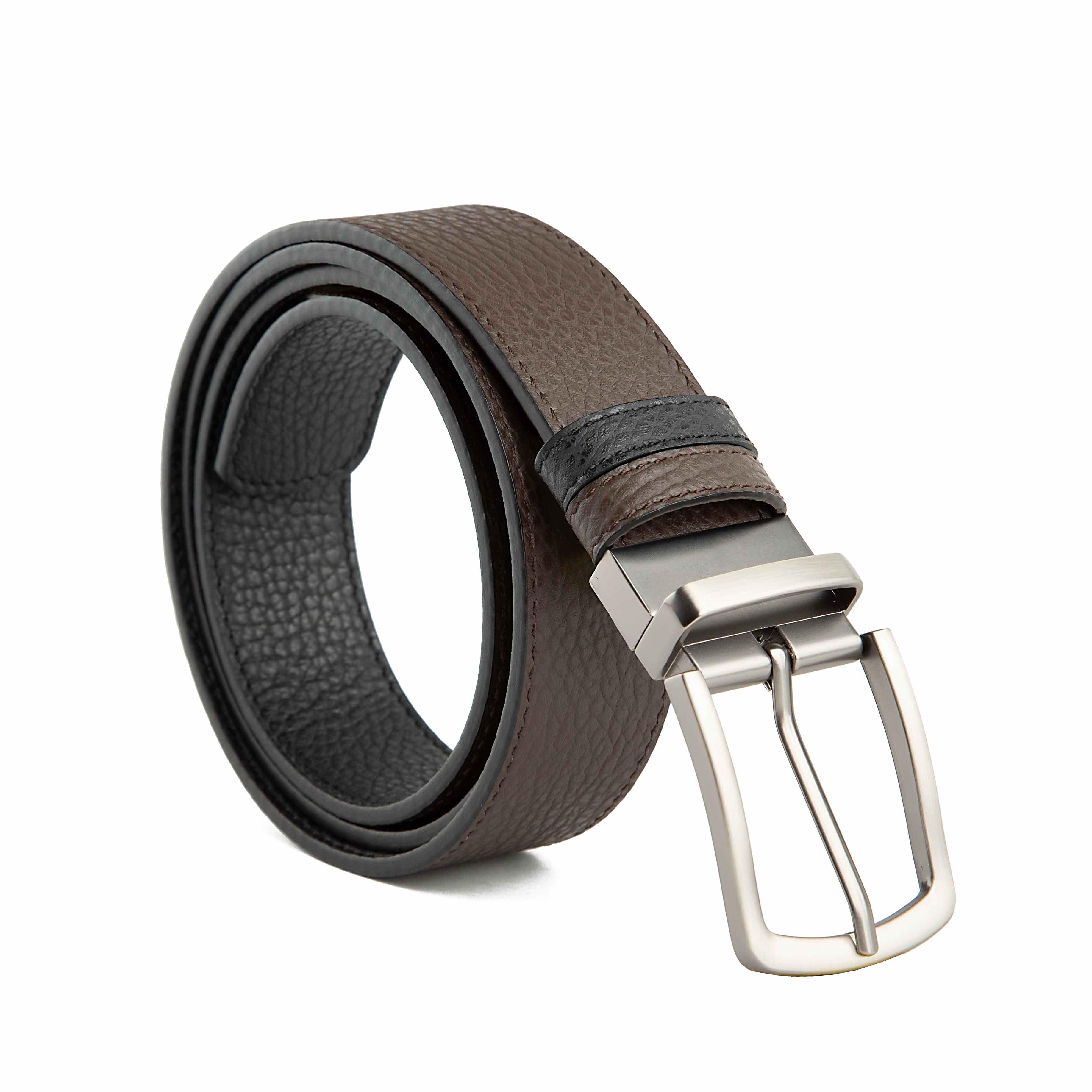 Agu & Son Ltd Men's Reversible Brown Black Leather Buckle Belt, 10465- Dark Brown 