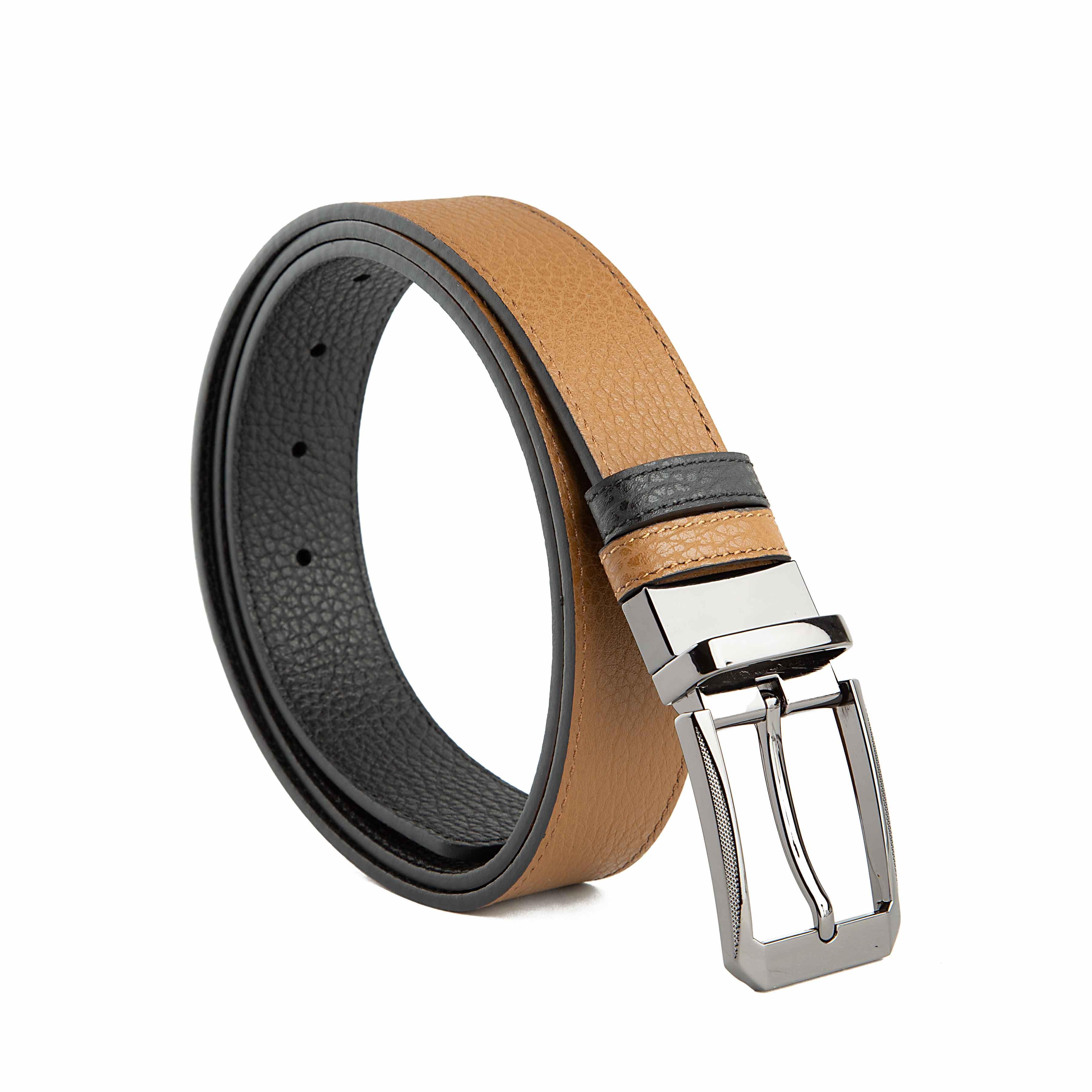 Agu & Son Ltd Men's Reversible Tan Black Leather Buckle Belt, 10465- Tan
