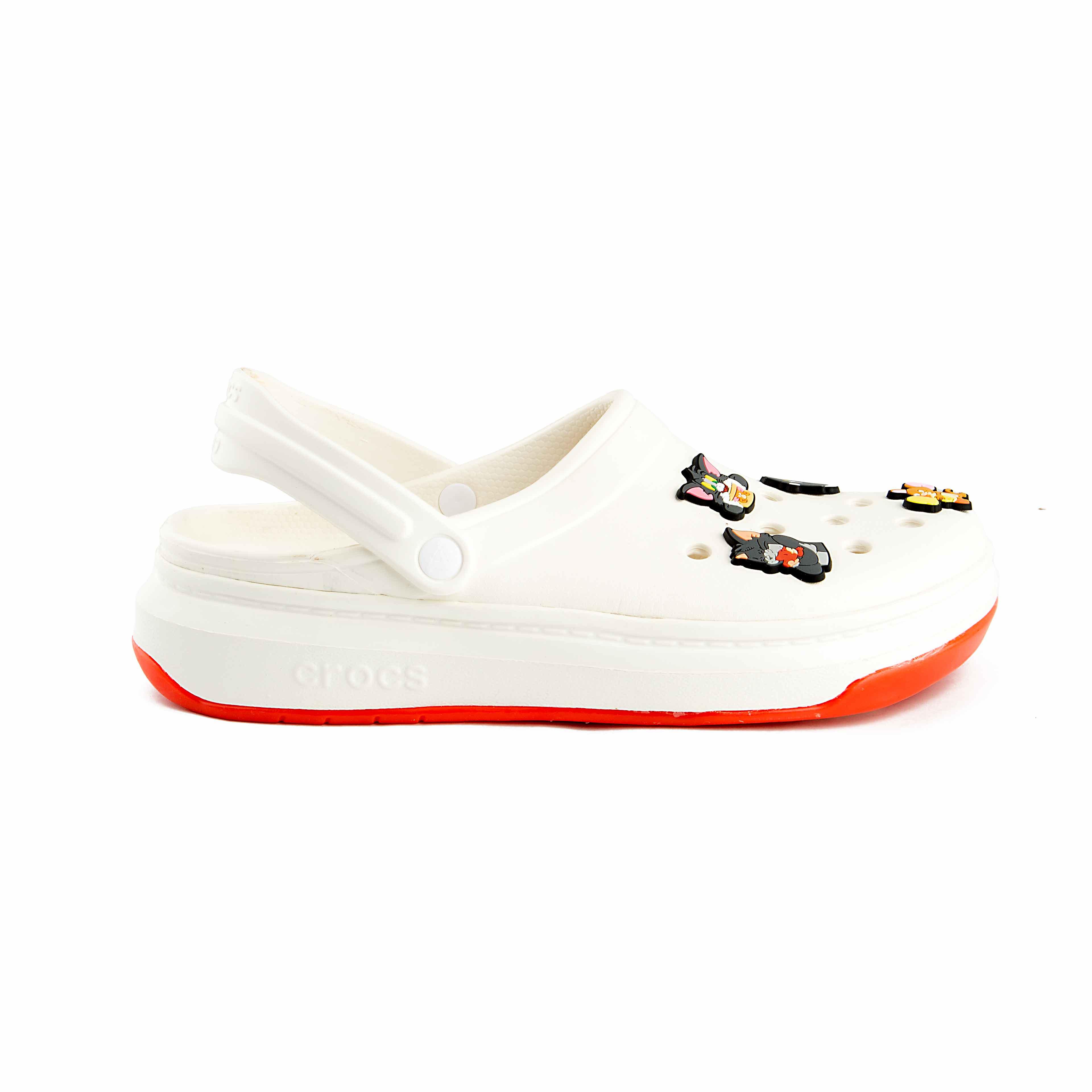 These are bright and comfortable cream-colored platform clogs, designed with a playful twist.