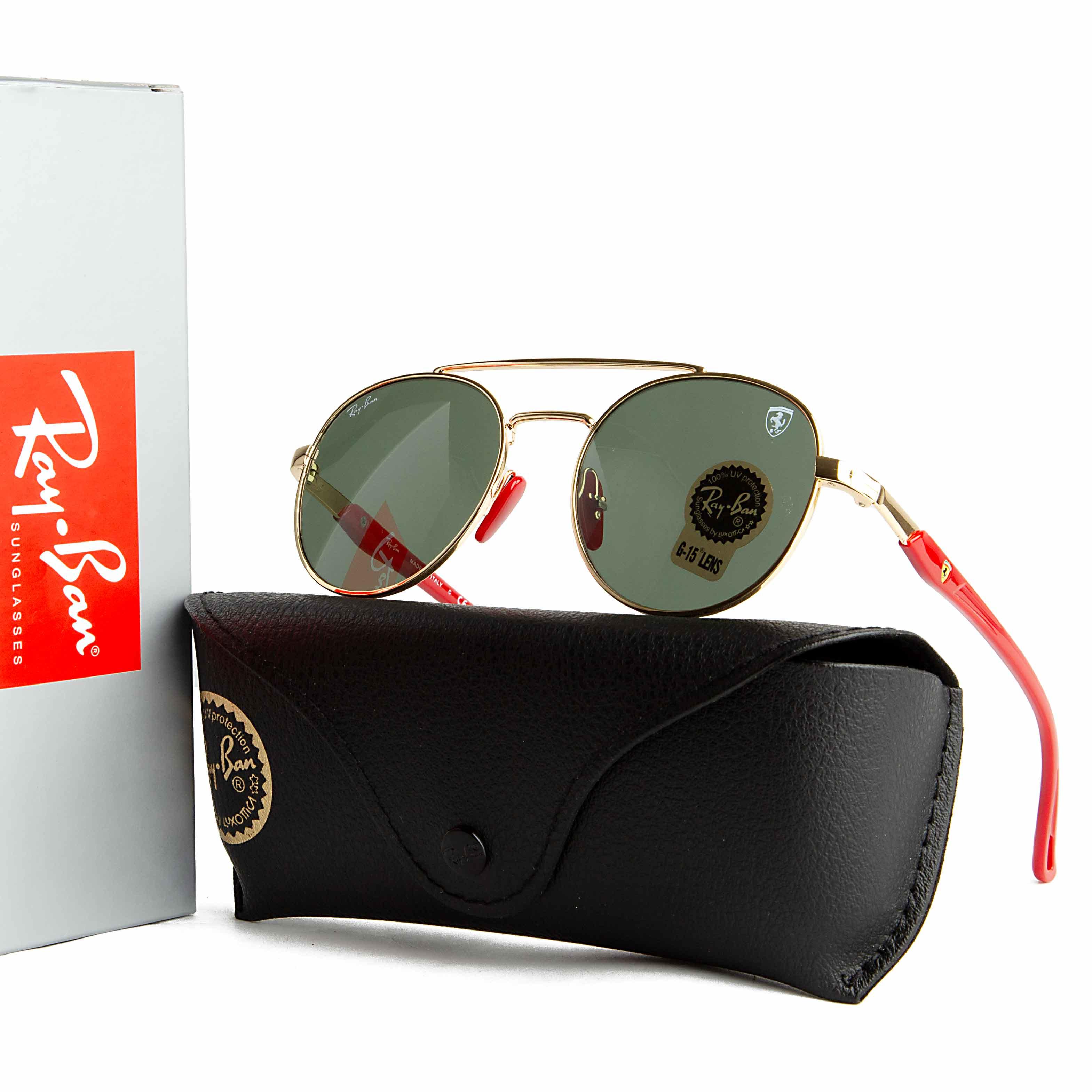 Ray-Ban Round Double Bridge Ferrari Collection Gold Frame Green G-15 Lenses - Unisex"