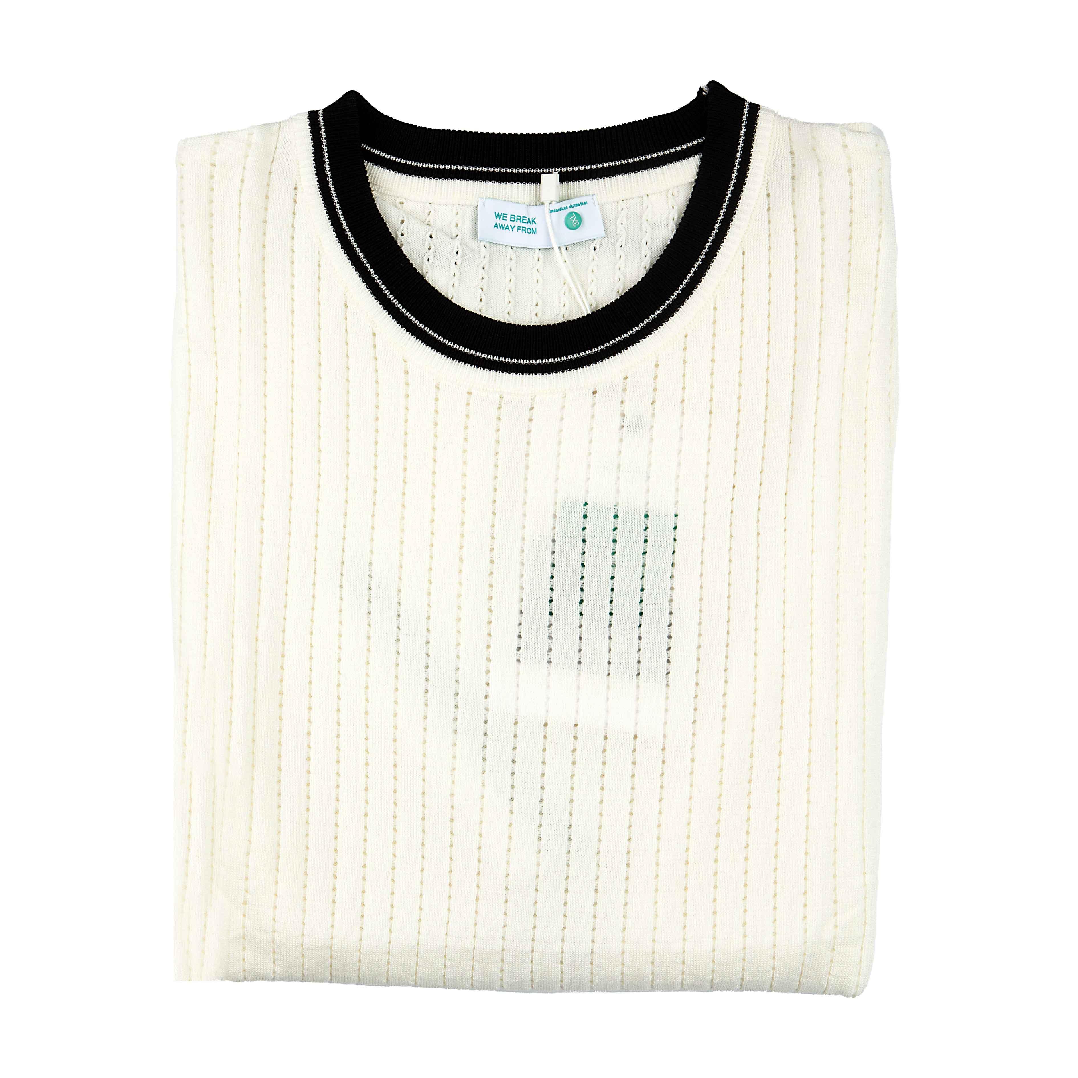 Men's Off-white Ribbed Knit T shirt | B&W Stripe Trim