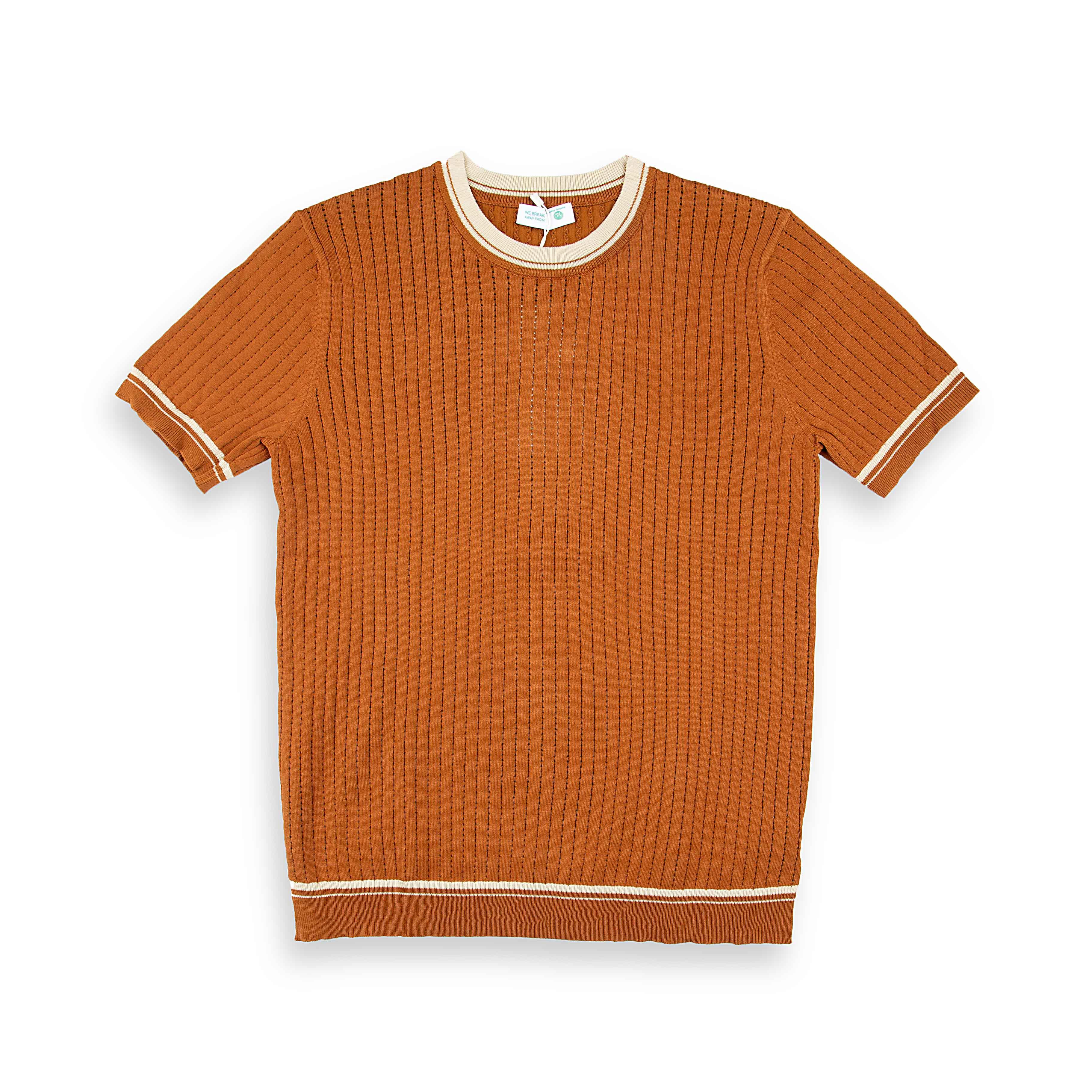 Men's Rust Ribbed Knit T shirt | Stripe Trim