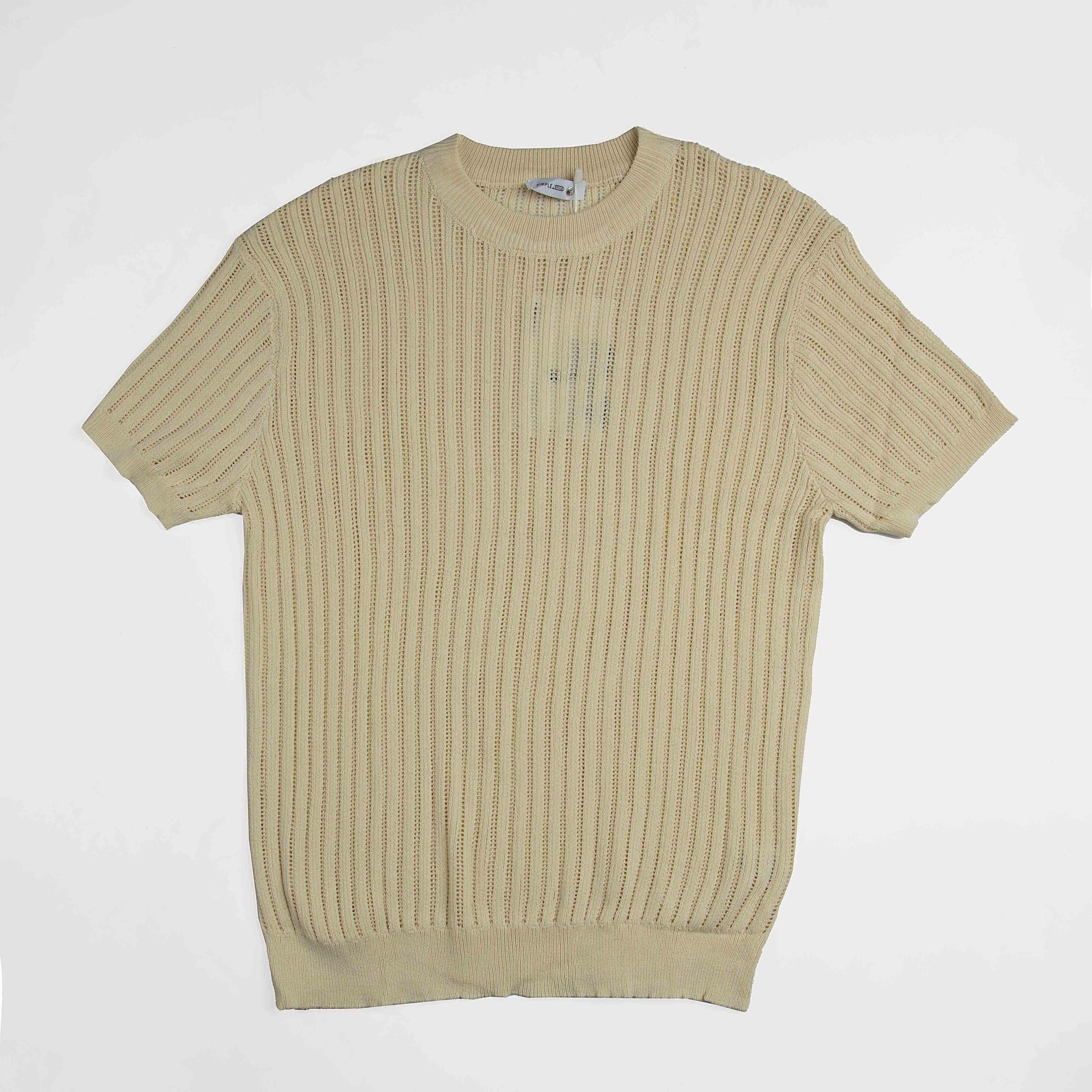 Men's Beige Ribbed Knit T-Shirt - Breathable Style