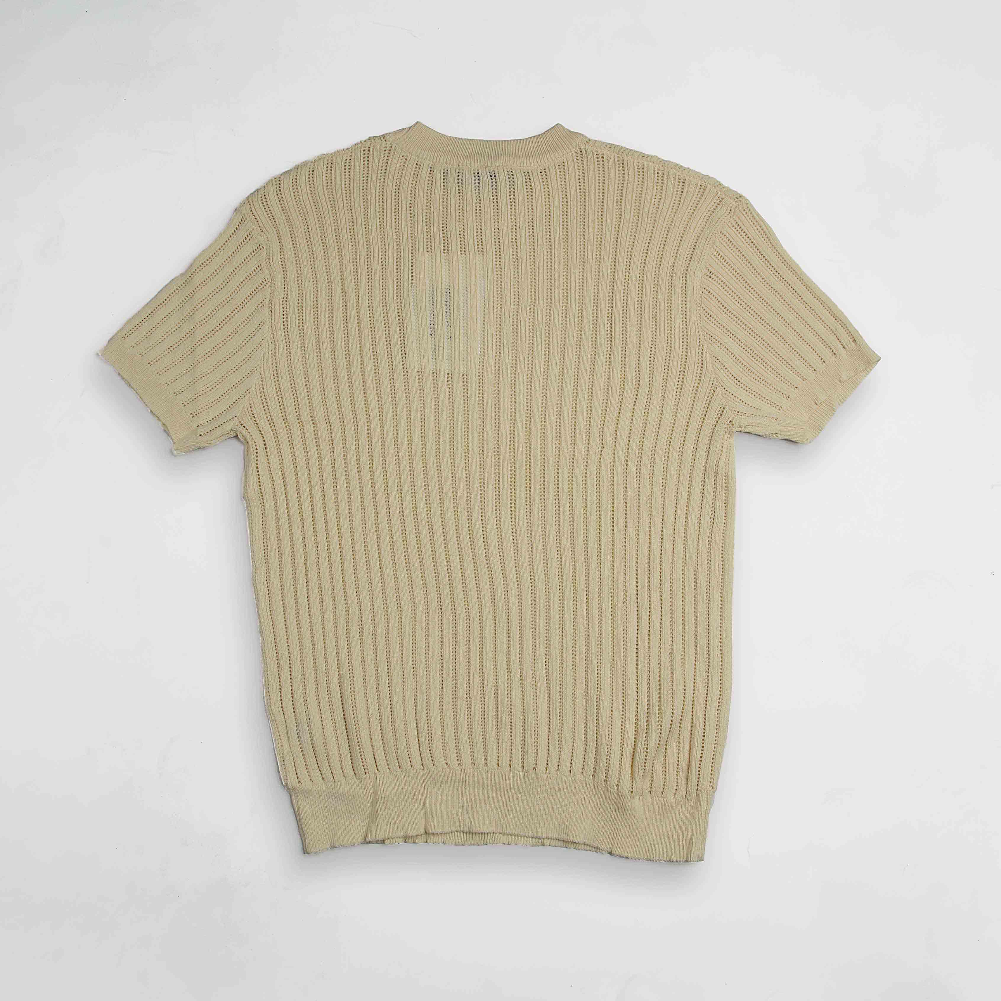 Men's Beige Ribbed Knit T-Shirt - Breathable Style