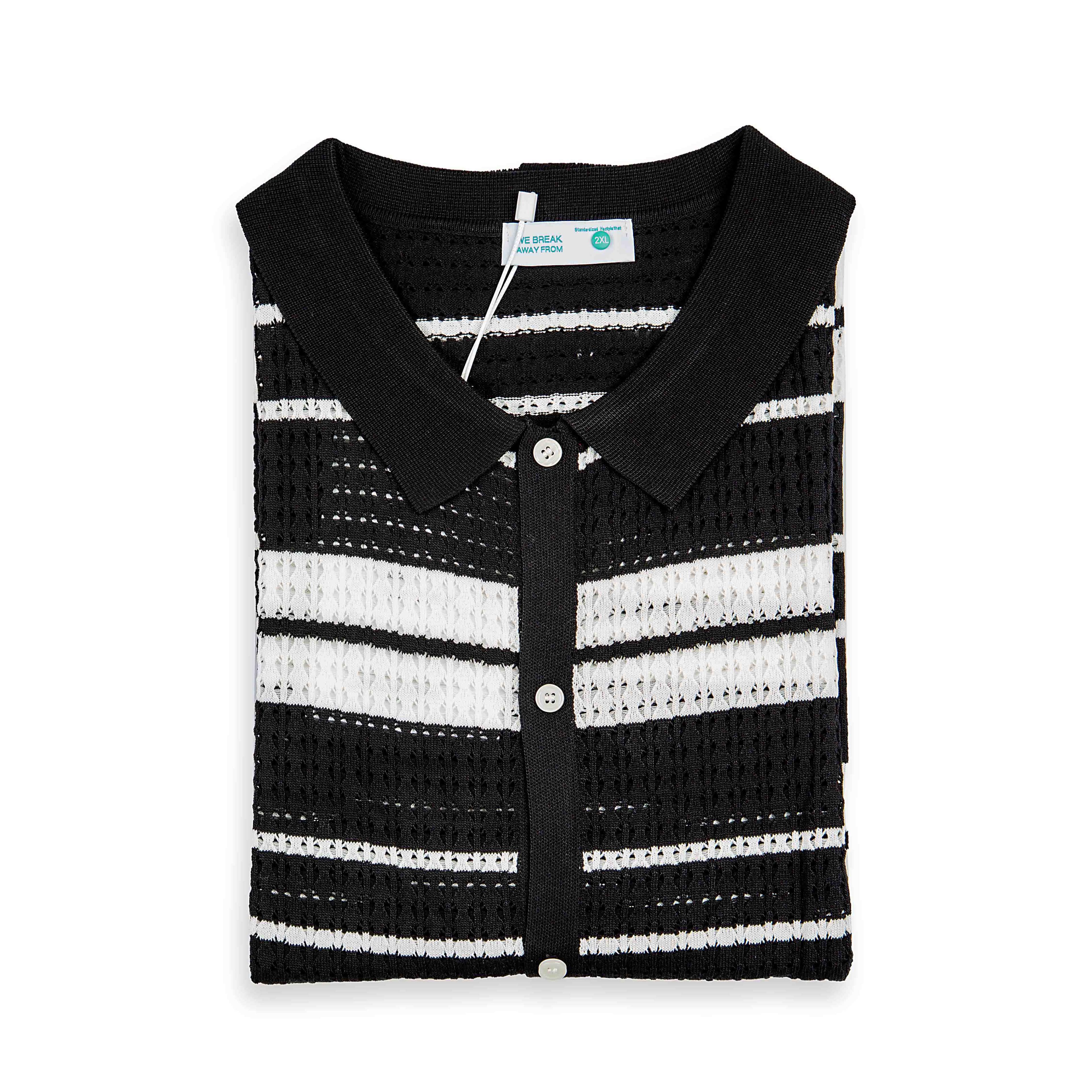 Striped Knit Short Sleeve Cardigan Shirt - Black White