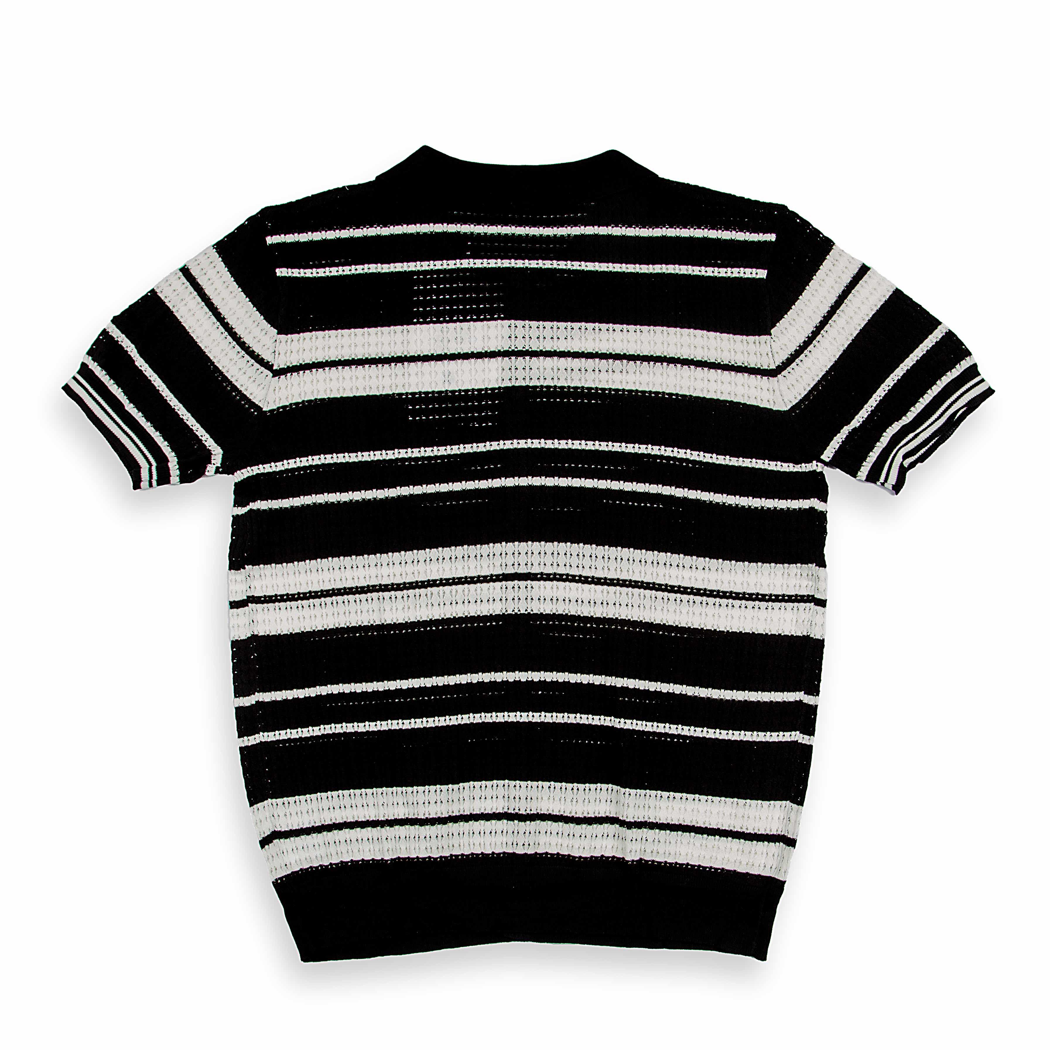 Striped Knit Short Sleeve Cardigan Shirt - Black White