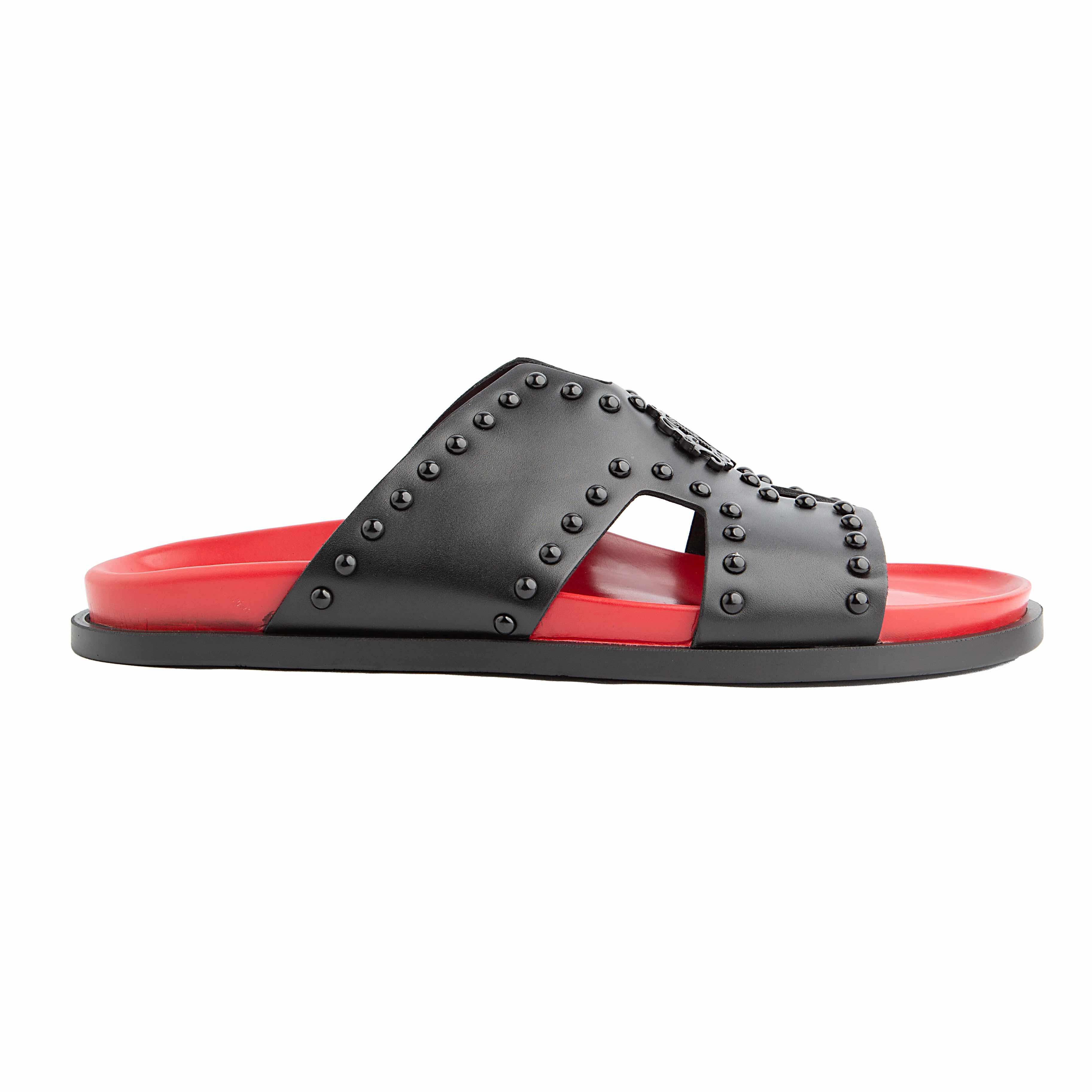 Peter Ascot Black Studded Red Footbed Slide Sandals