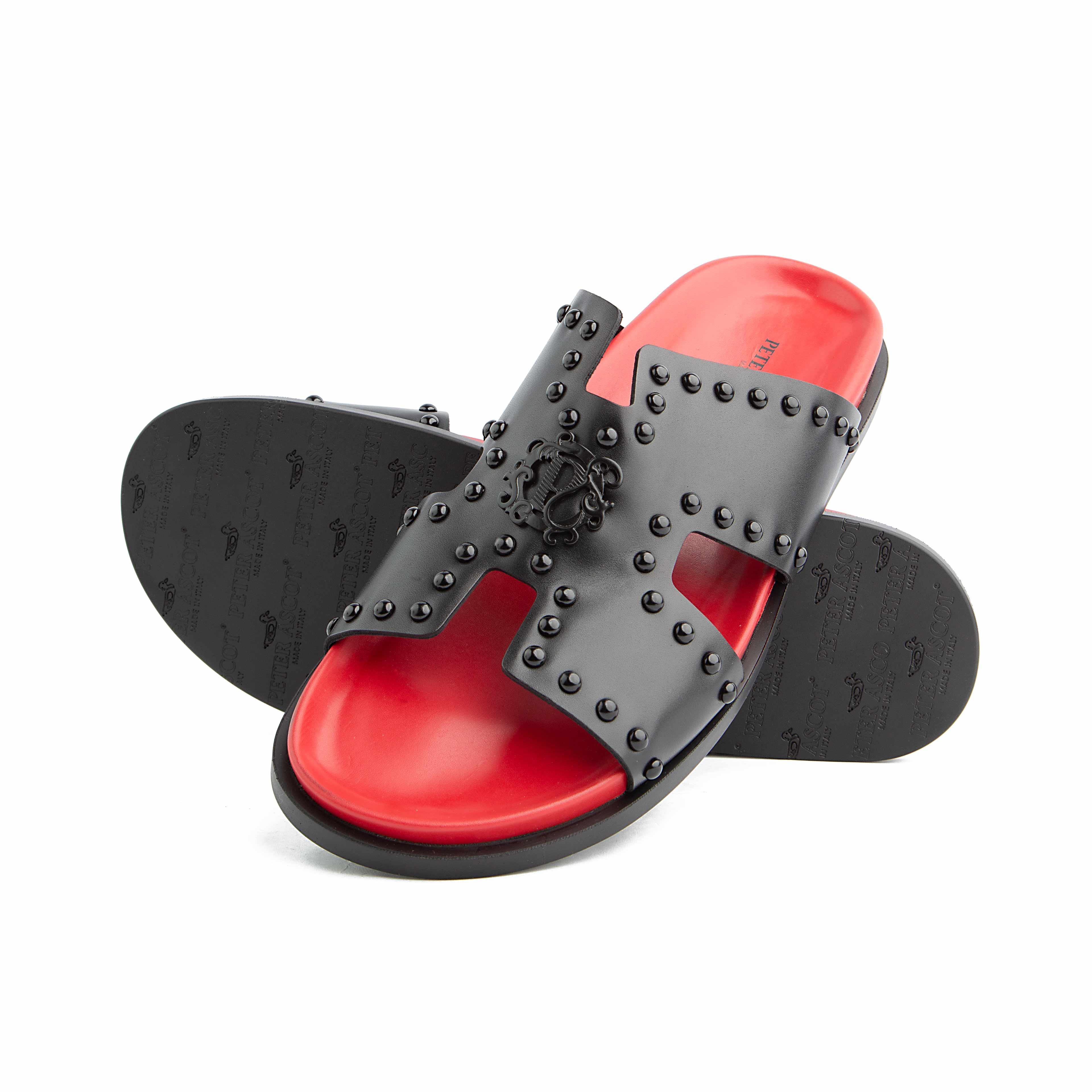 Peter Ascot Black Studded Red Footbed Slide Sandals